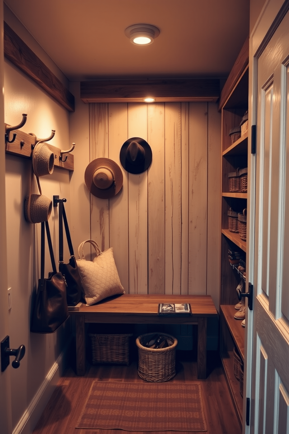 A charming walk-in closet featuring rustic wooden hooks crafted from reclaimed timber, ideal for hanging hats and bags. The space is illuminated by warm, soft lighting that highlights the natural textures of the wood and complements the earthy tones of the decor. The closet includes open shelving made from distressed wood, providing ample storage for shoes and accessories. A cozy seating area with a vintage bench invites relaxation, while woven baskets add a touch of organization and style.