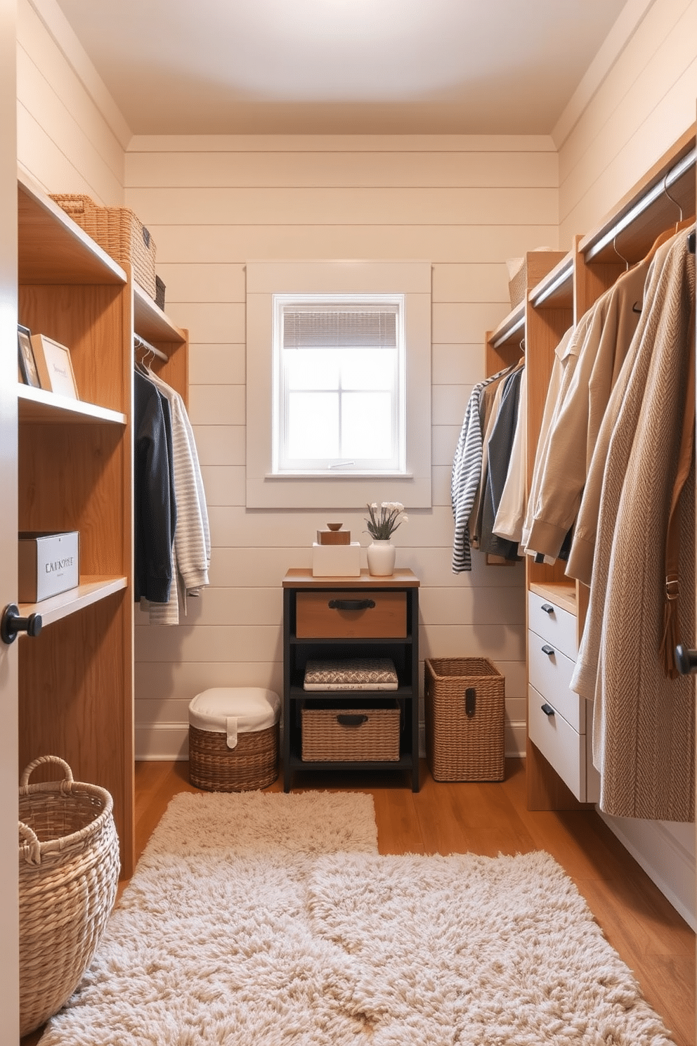 A rustic walk-in closet designed with soft neutral colors creates a calming atmosphere. The walls are adorned with light beige shiplap, complemented by warm wooden shelving and hanging rods that provide an inviting, organized space. Natural light filters through a small window, illuminating the closet's cozy ambiance. Plush area rugs in soft taupe add warmth underfoot, while woven baskets and decorative boxes offer stylish storage solutions.