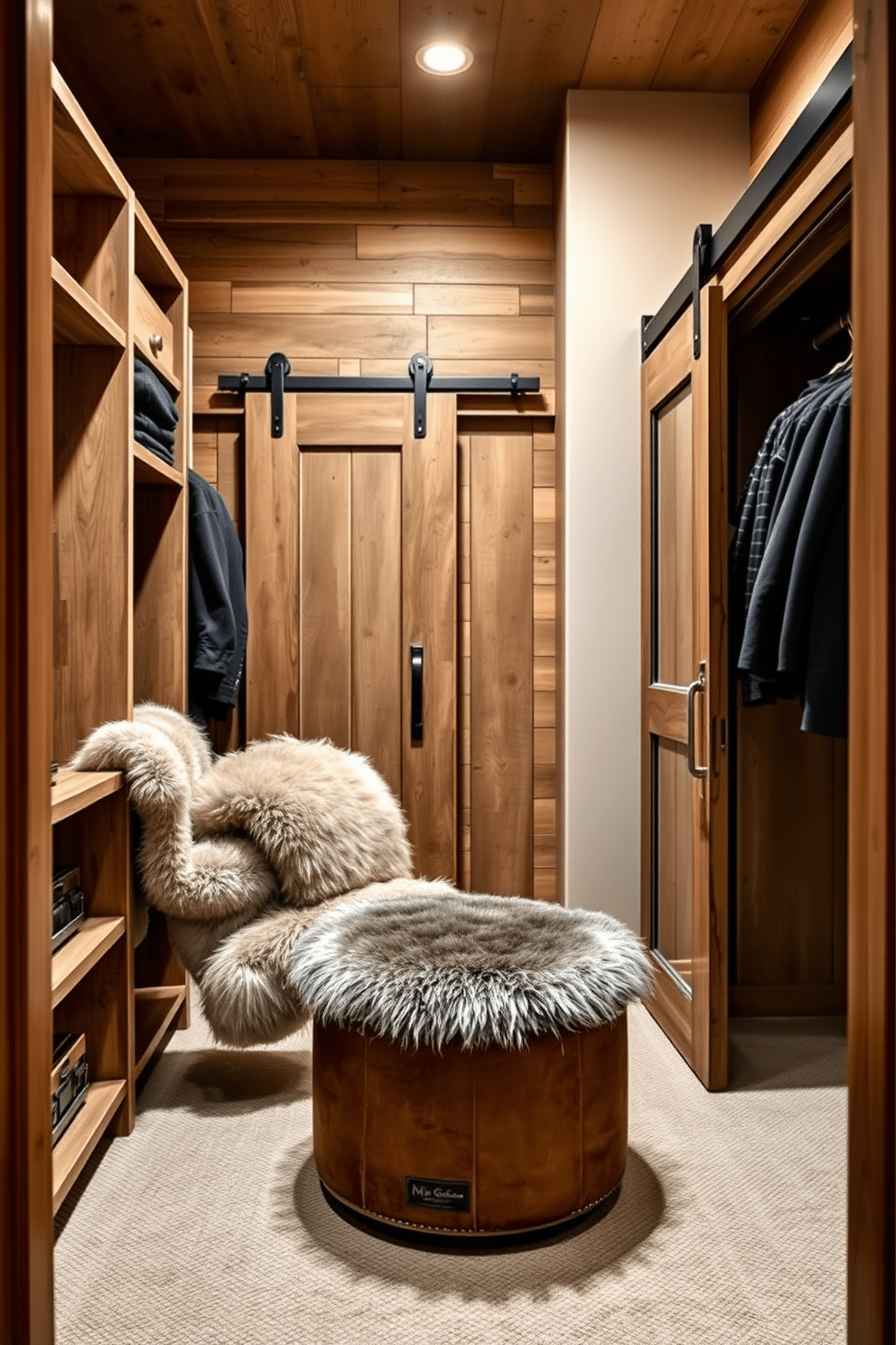 A cozy walk-in closet featuring a rustic design with reclaimed wood shelving and a sliding barn door. Faux fur throws drape elegantly over a plush ottoman, adding warmth and texture to the space. The closet is illuminated by warm, ambient lighting that highlights the natural wood tones. A full-length mirror is framed in distressed wood, enhancing the rustic charm while providing functionality.