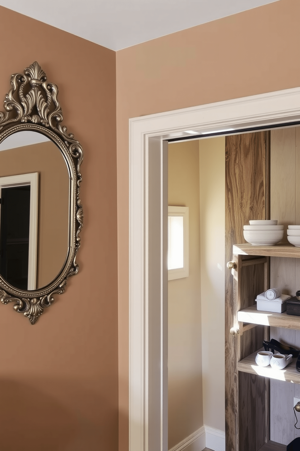 Antique mirrors adorned with intricate frames reflect the soft, ambient light of the room, enhancing the overall elegance of the space. The walls are painted in a warm, muted tone, complementing the vintage charm of the mirrors. The rustic walk-in closet features reclaimed wood shelving and hanging rods, creating a cozy yet functional storage solution. Soft, natural lighting filters through a small window, highlighting the textures of the wood and the carefully curated accessories within.