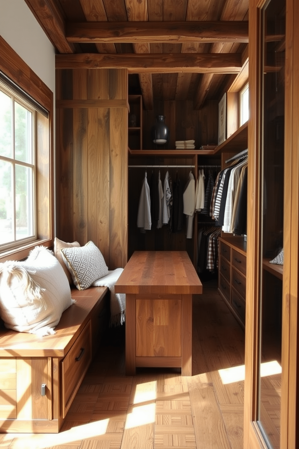 A cozy built-in seating area with plush cushions and a soft throw blanket. The seating features storage underneath, seamlessly integrated into the cabinetry, with a warm wood finish that complements the surrounding decor. A rustic walk-in closet with reclaimed wood shelving and hanging rods. The design includes a large central island for accessories, surrounded by natural light from a nearby window, creating an inviting and functional space.