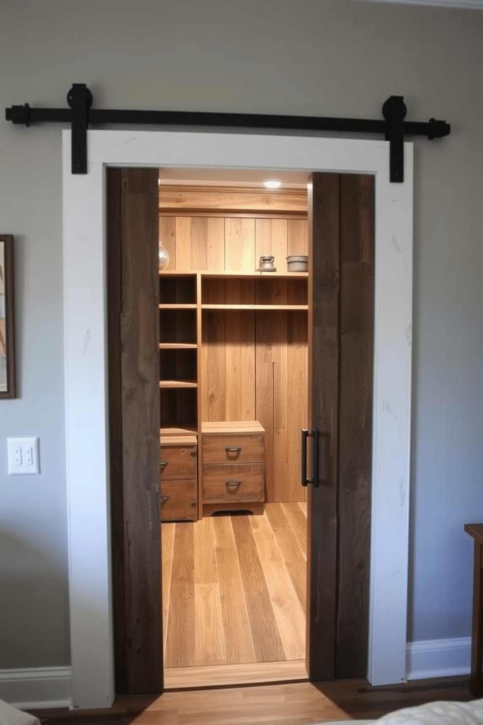 A sliding barn door with vintage hardware opens up to reveal a spacious rustic walk-in closet. The closet features reclaimed wood shelves and a mix of open and closed storage, creating a warm and inviting atmosphere.