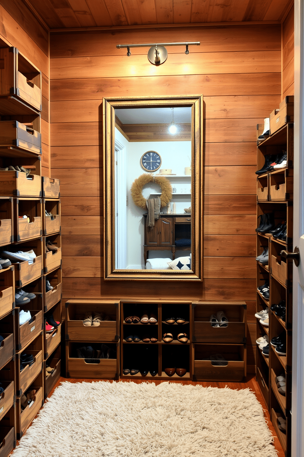 A rustic walk-in closet features wooden crates stacked neatly against the wall for shoe organization, providing both functionality and charm. The walls are adorned with reclaimed wood paneling, and soft, warm lighting highlights the natural textures of the space. In the center of the closet, a large, vintage mirror reflects the cozy ambiance, while a plush area rug adds comfort underfoot. The crates are filled with an assortment of shoes, each labeled for easy access, creating an organized yet inviting atmosphere.