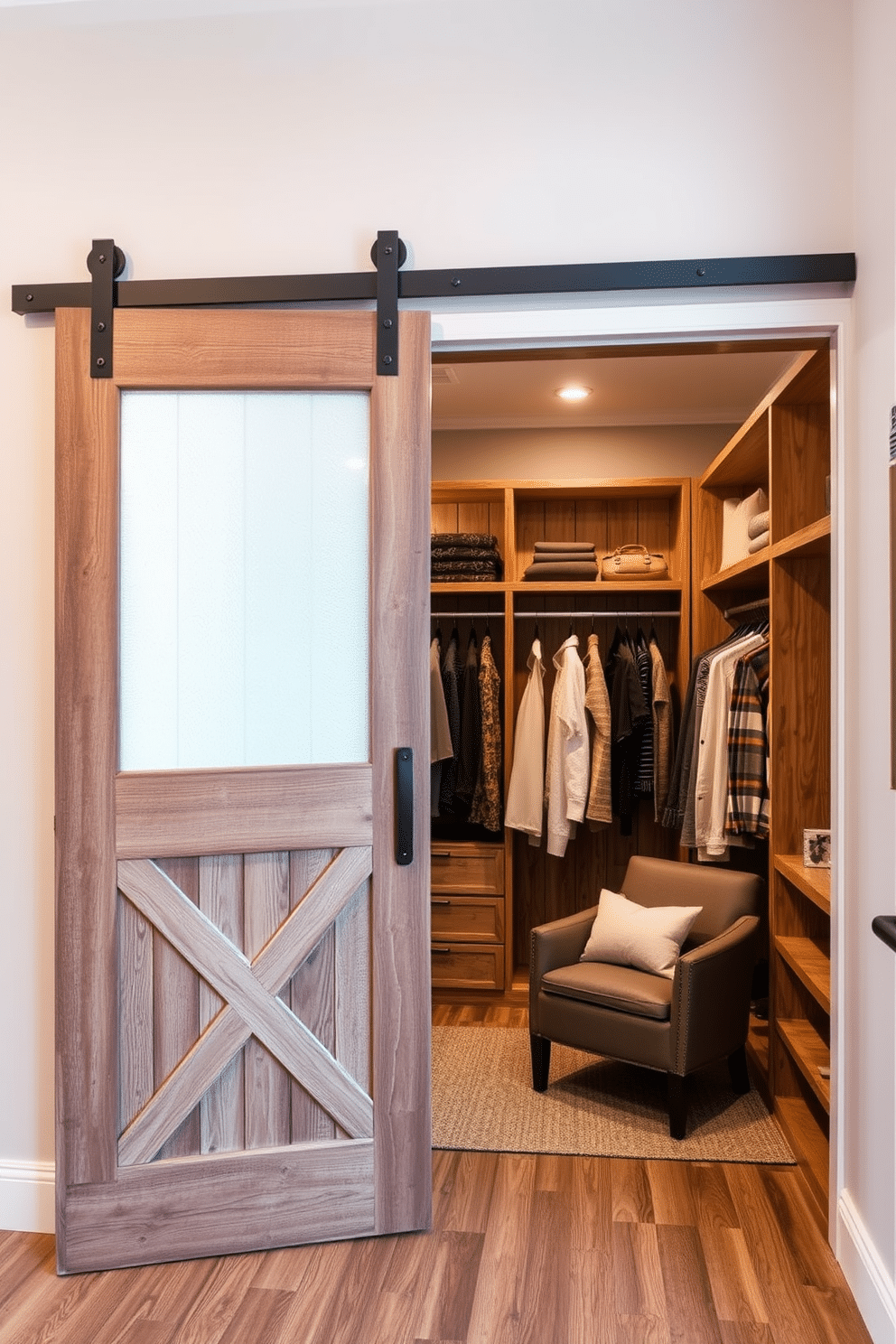 A rustic sliding barn door with frosted glass creates a charming entryway that blends functionality with aesthetic appeal. The door features a weathered wood finish and sleek metal hardware, allowing natural light to filter through while maintaining privacy. For the walk-in closet, envision a spacious layout with wooden shelving and hanging rods made from reclaimed wood. Soft, warm lighting highlights the organized display of clothes and accessories, while a cozy seating area invites you to enjoy the space.