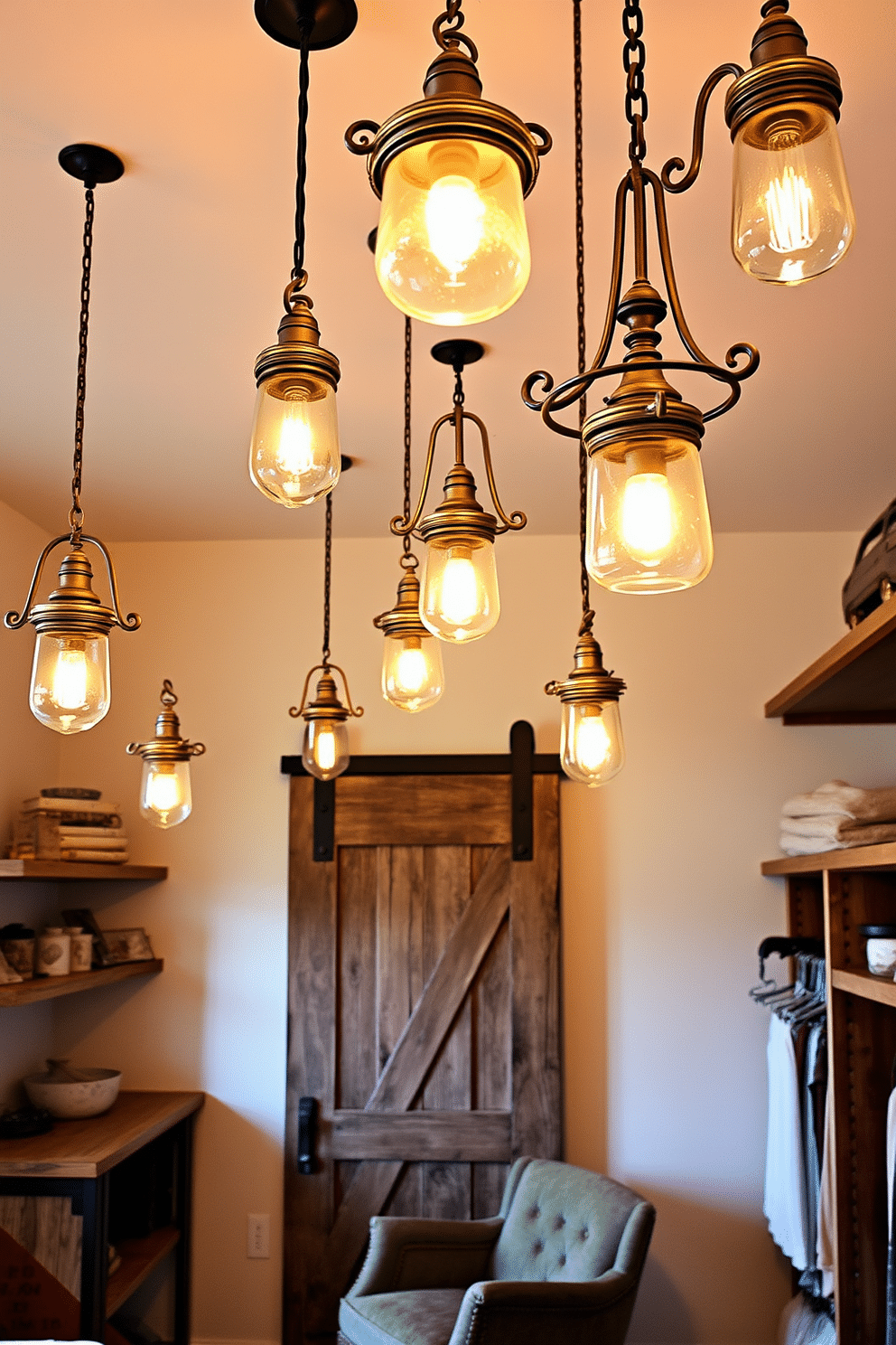 A collection of vintage-style lighting fixtures hangs gracefully from the ceiling, casting a warm and inviting glow throughout the room. Each fixture features intricate designs, combining aged brass and frosted glass to enhance the ambiance of the space. The rustic walk-in closet boasts reclaimed wood shelving and a sliding barn door, creating a cozy yet functional storage area. Soft, ambient lighting highlights the natural textures of the wood, while a vintage armchair adds a touch of charm and comfort.