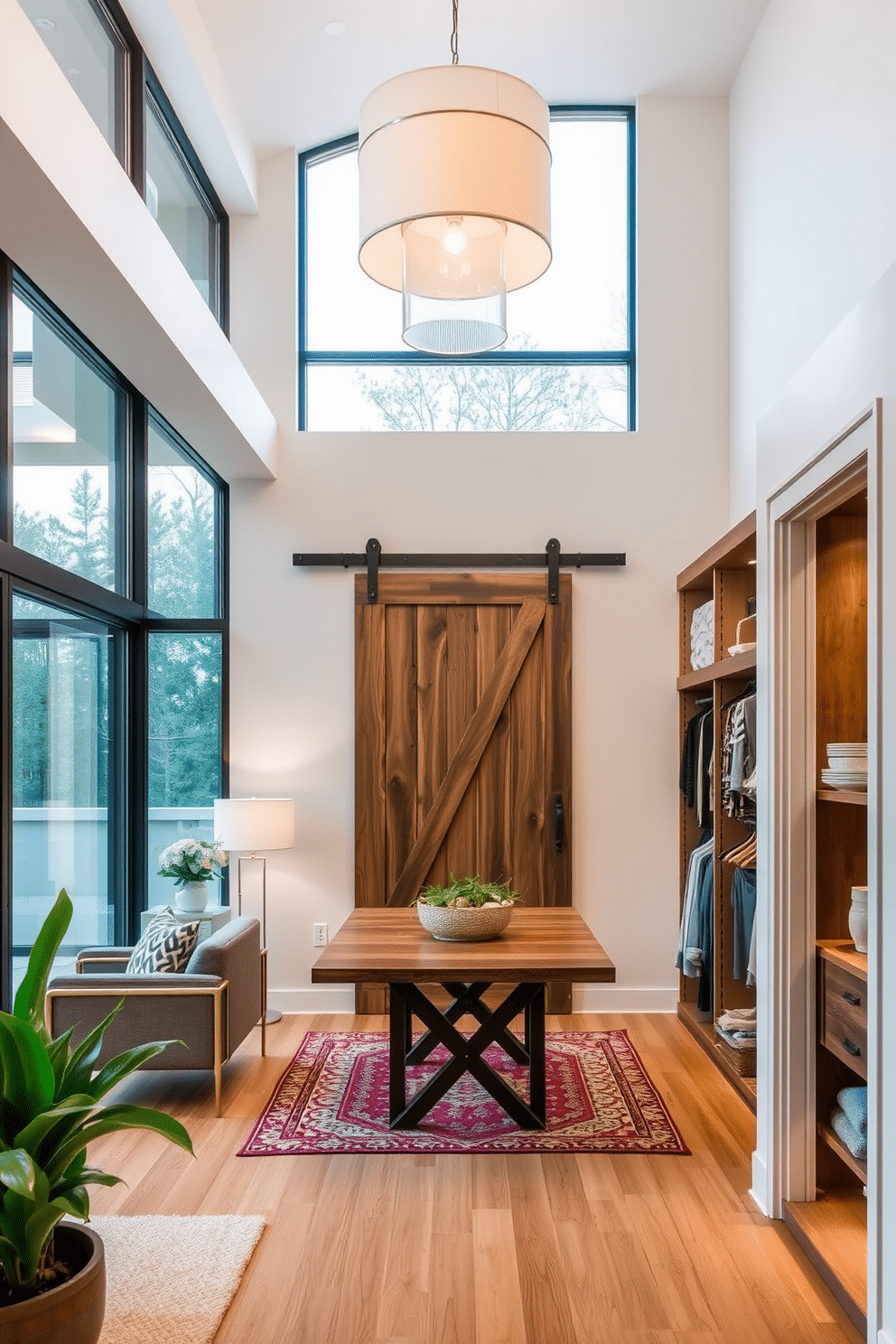 Open concept design for airy feel. The space features large, floor-to-ceiling windows that flood the room with natural light, creating a seamless flow between the living and dining areas. Rustic walk-in closet design ideas. The closet showcases reclaimed wood shelving and a barn door entrance, complemented by warm, ambient lighting to enhance the cozy atmosphere.