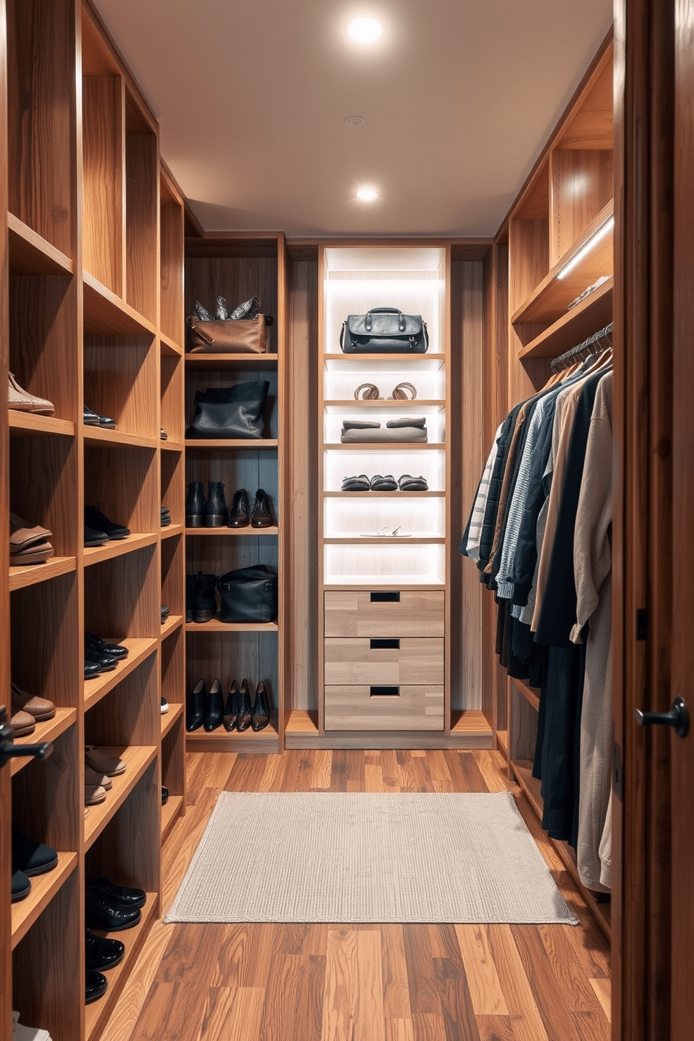 A rustic walk-in closet featuring wooden dividers creates organized sections for shoes, bags, and clothing. The warm wood tones are complemented by soft, ambient lighting, enhancing the cozy atmosphere of the space.