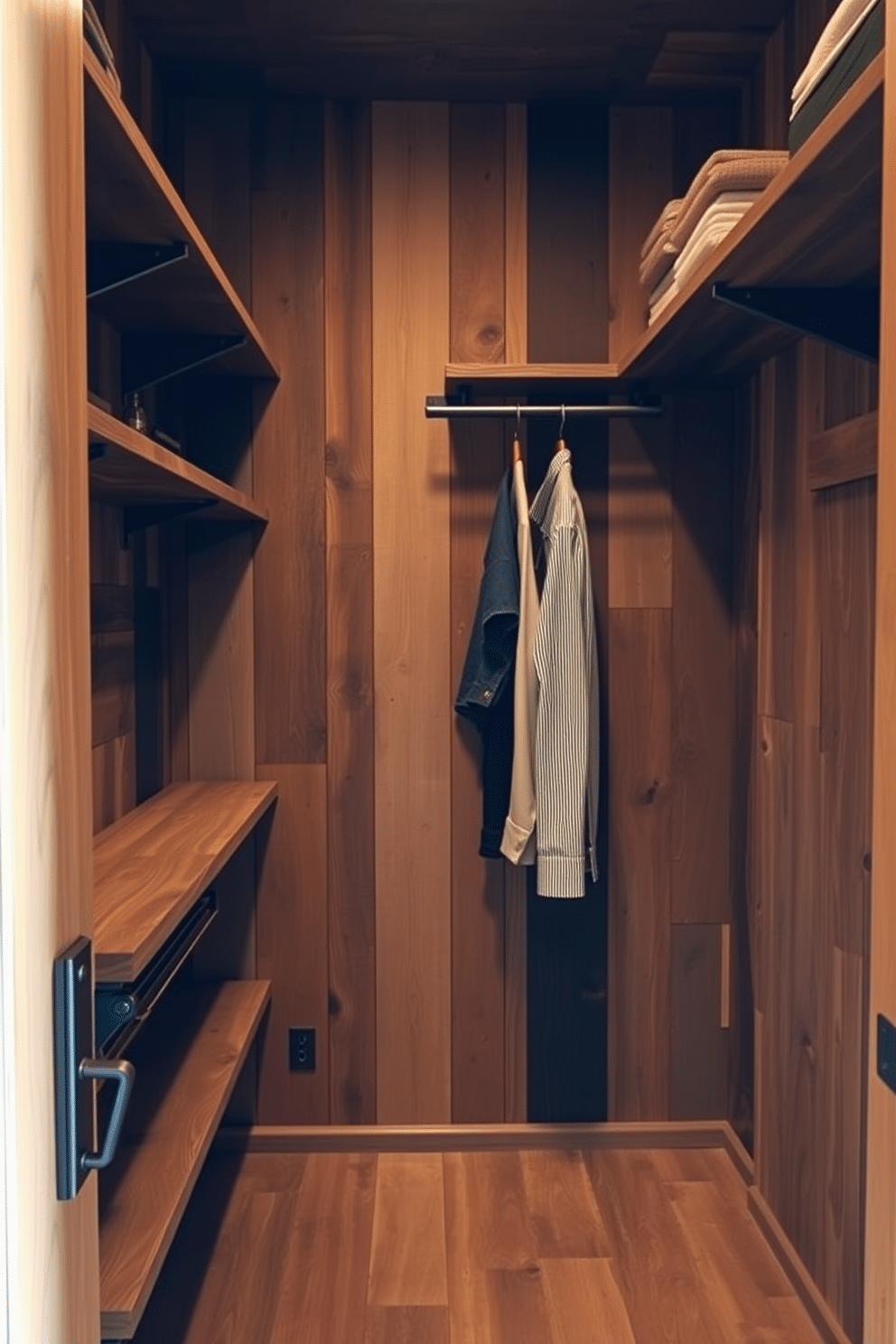 A rustic walk-in closet featuring a combination of reclaimed wood and industrial metal elements. The walls are lined with wooden shelves and hanging rods, while metal accents provide a modern touch, creating a warm yet stylish atmosphere.