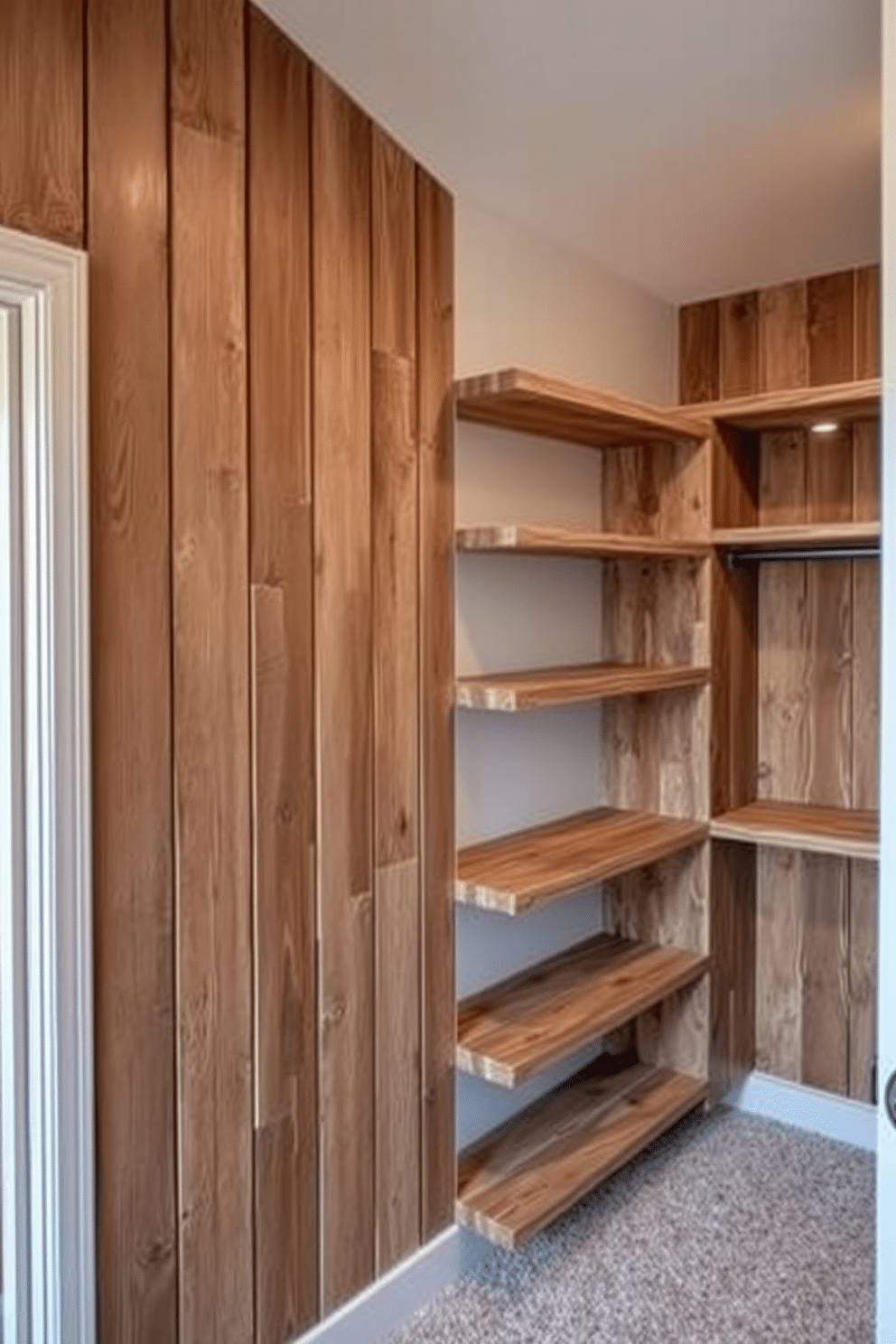 Accent wall with reclaimed wood panels. The wall is adorned with vertical planks of weathered wood, creating a warm and inviting focal point in the room. Rustic walk-in closet design ideas. The space features open shelving made from reclaimed wood, complemented by wrought iron hardware and soft, ambient lighting for an organized yet cozy feel.