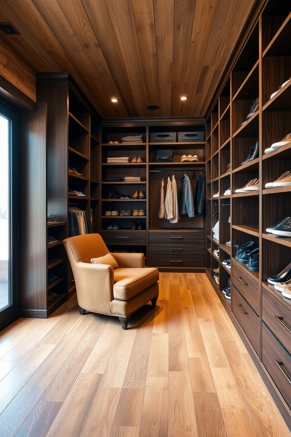 A spacious walk-in closet designed with a rustic color palette of browns and greens. The walls are adorned with reclaimed wood panels, and the flooring features wide planks in a warm, natural finish. Custom shelving units made of dark-stained wood line the walls, providing ample storage for shoes and accessories. A cozy seating area with a plush, earth-toned armchair is nestled in one corner, inviting relaxation amidst the organization.