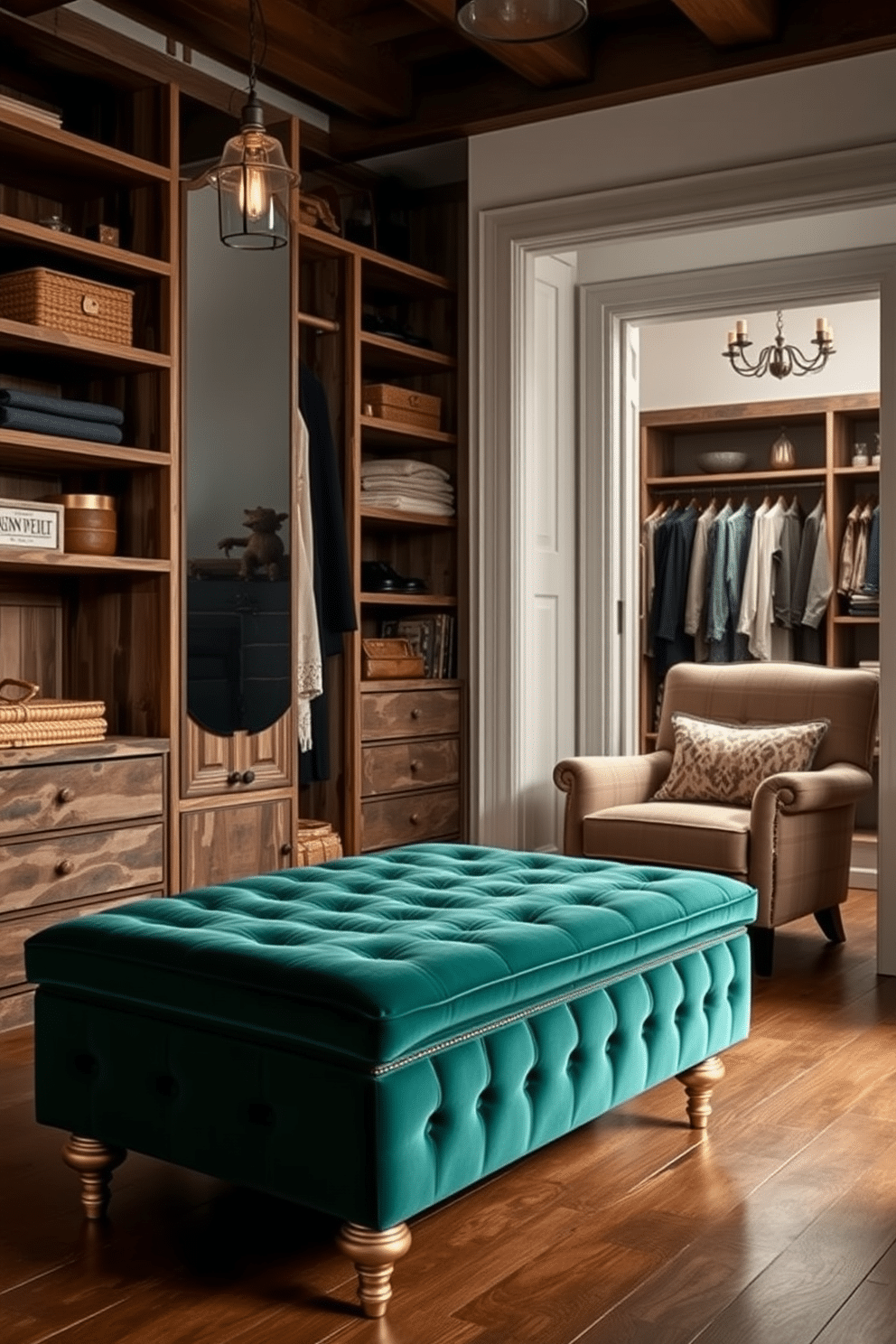 A stylish ottoman for seating and storage. The ottoman features a tufted velvet upholstery in a rich emerald green, with gold accents on its legs, creating a luxurious focal point in the room. Rustic walk-in closet design ideas. The closet showcases reclaimed wood shelving, vintage-style lighting fixtures, and a cozy seating area with a plush armchair, all complemented by a warm, earthy color palette.