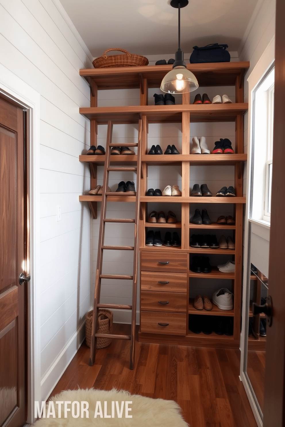 A rustic walk-in closet featuring open shelving made from reclaimed wood, providing ample space for displaying shoes and accessories. A stylish ladder leans against the shelves, allowing easy access to higher storage, while warm pendant lights illuminate the cozy atmosphere. The walls are adorned with shiplap paneling, enhancing the rustic charm, and a plush area rug adds comfort underfoot. A full-length mirror is strategically placed to reflect the natural light streaming in from a nearby window, creating an inviting and functional space.