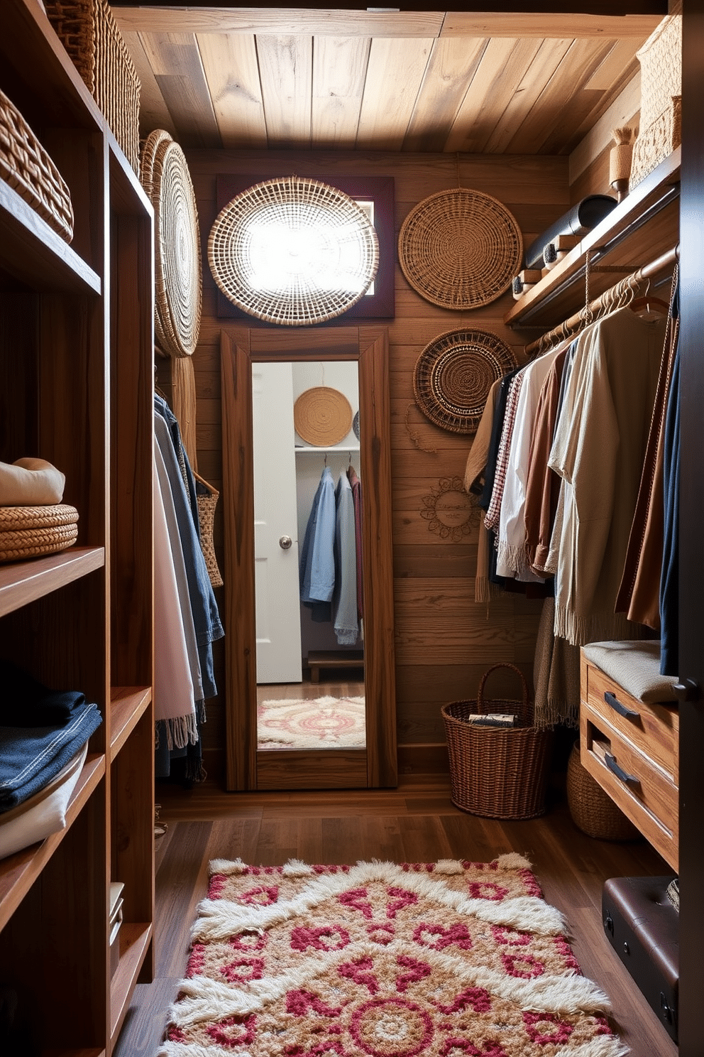 A cozy rustic walk-in closet features woven wall hangings that add warmth and texture to the space. The closet is designed with reclaimed wood shelves, a full-length mirror framed in distressed wood, and ample hanging space for clothing. Natural light filters in through a small window, illuminating the rich tones of the wood and the intricate patterns of the woven textiles. A plush area rug in earthy colors lies underfoot, creating a comfortable and inviting atmosphere for organizing and selecting outfits.