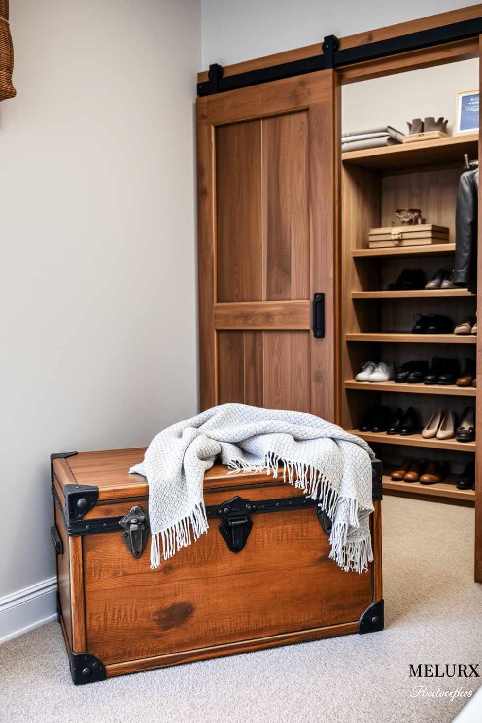 A beautifully crafted antique trunk sits in the corner of the room, serving as both a stylish storage solution and a unique decorative piece. Its weathered wood and intricate metal accents add character, while a soft throw blanket drapes over the top, inviting warmth and comfort. The rustic walk-in closet features reclaimed wood shelving and a sliding barn door, exuding charm and practicality. Soft, ambient lighting illuminates the space, highlighting the natural textures of the wood and the carefully curated collection of shoes and accessories.