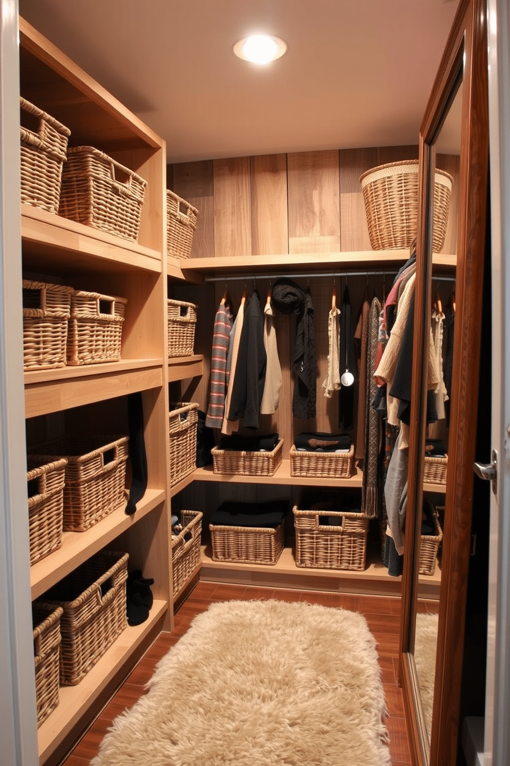 A cozy walk-in closet features woven baskets neatly arranged on open shelves, providing organized storage for accessories like scarves and belts. The walls are adorned with reclaimed wood paneling, and a plush area rug adds warmth to the rustic ambiance. The closet is illuminated by soft, ambient lighting that highlights the natural textures of the baskets and wood. A full-length mirror is positioned on one side, reflecting the stylish organization and inviting atmosphere of the space.