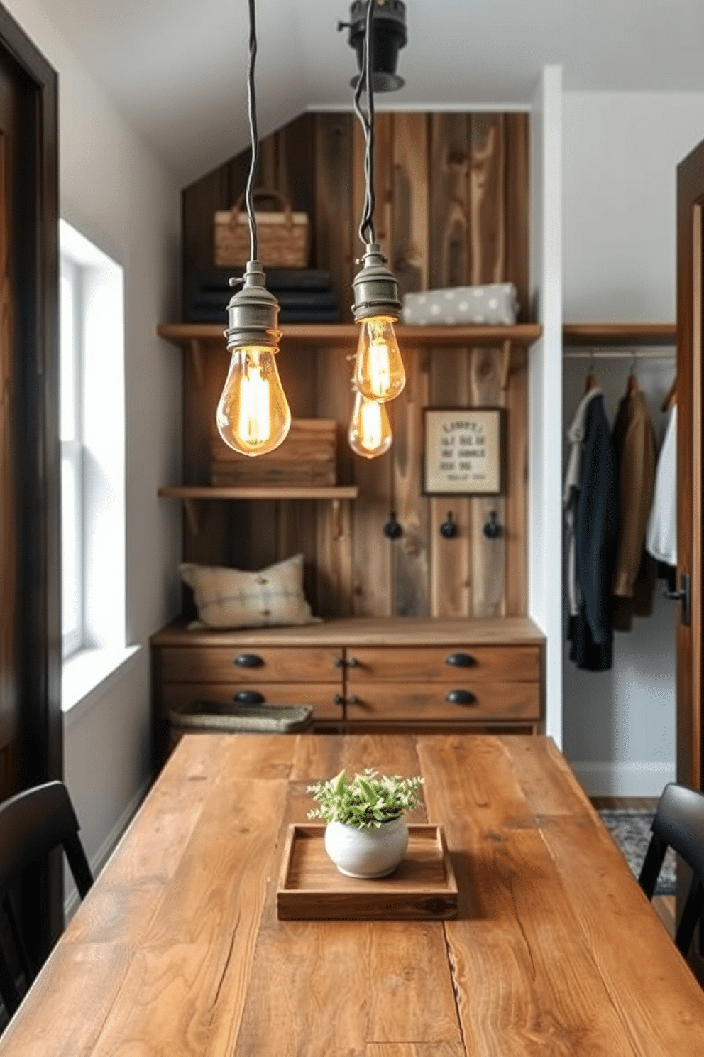 Chic pendant lighting with rustic charm. The pendant lights feature a distressed metal finish and warm Edison bulbs, casting a cozy glow over a reclaimed wood dining table. Rustic walk-in closet design ideas. The closet showcases open shelving made from reclaimed barn wood, paired with vintage-style hooks and a plush area rug for added comfort.