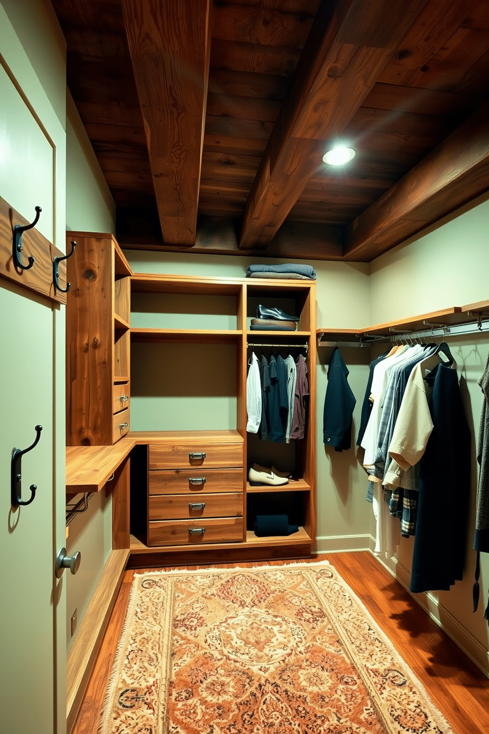 A cozy walk-in closet featuring rustic wood beams as ceiling accents. The beams are complemented by warm ambient lighting that highlights the rich textures of the wood. The closet is spacious, with custom shelving made from reclaimed wood, offering both functionality and charm. A plush area rug in earthy tones adds comfort underfoot, while vintage-inspired hooks line the walls for hanging accessories.