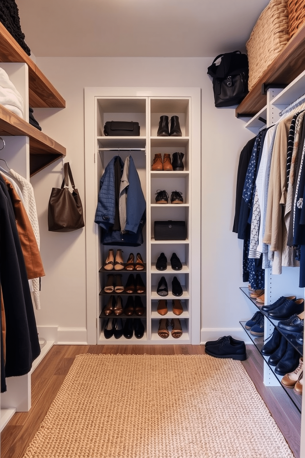 A cozy walk-in closet featuring a natural jute rug that adds warmth and texture to the space. The walls are adorned with reclaimed wood shelving, while soft, ambient lighting highlights a stylish array of shoes and accessories.