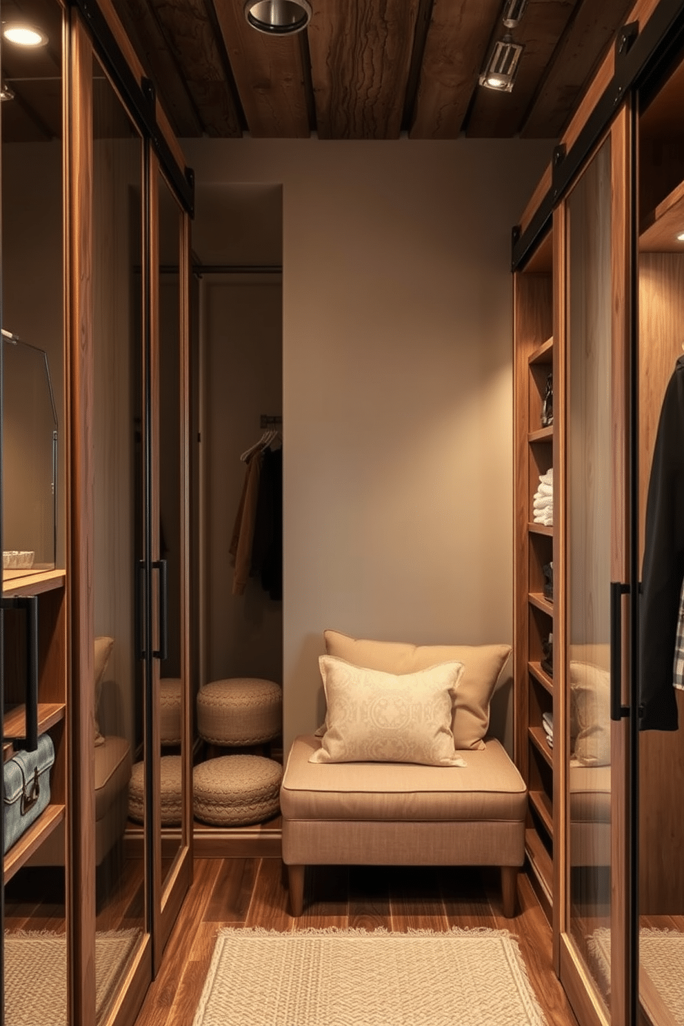 A rustic walk-in closet featuring mirrored sliding doors that enhance the sense of spaciousness. The design includes reclaimed wood shelves and a cozy seating area, complemented by soft, warm lighting to create an inviting atmosphere.