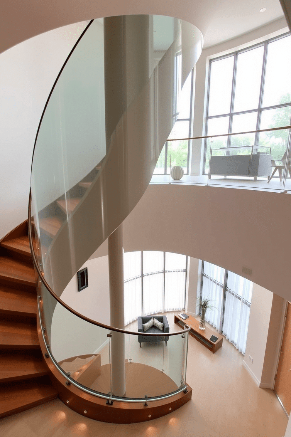 A stunning spiral staircase with a sleek glass railing, elegantly spiraling upwards to the second floor. The staircase features a polished wood base, complemented by warm, ambient lighting that highlights its graceful curves. The second floor showcases a modern design aesthetic, with a spacious landing adorned with minimalist decor. Large windows allow natural light to flood the area, enhancing the open and airy feel of the space.