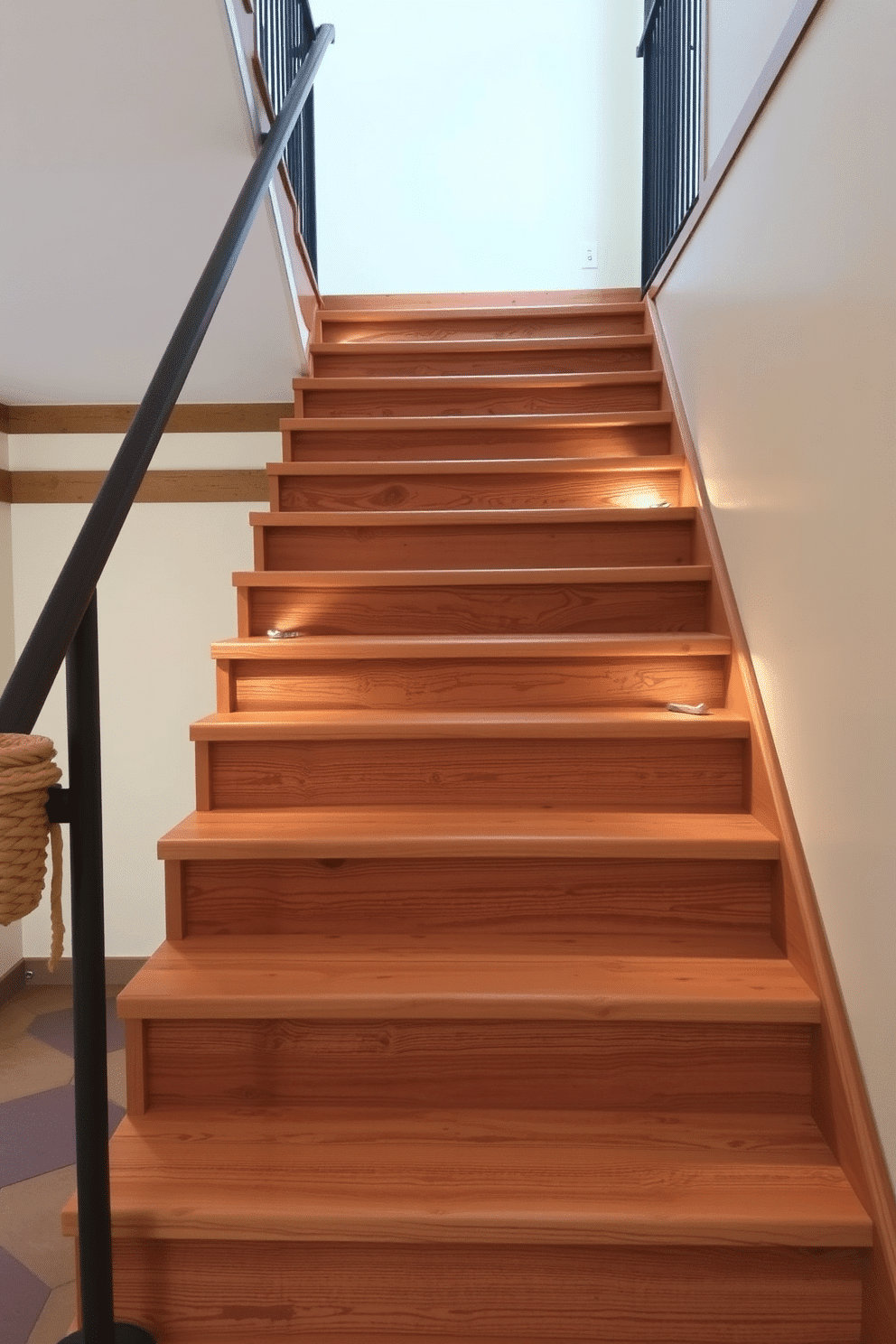 A rustic staircase featuring reclaimed wood showcases the beauty of natural materials. The steps are wide and sturdy, with visible grain patterns that tell a story of their origin. The handrail is crafted from wrought iron, adding an industrial touch to the warm wood. Soft, ambient lighting illuminates the staircase, highlighting its textures and inviting a sense of warmth and comfort.