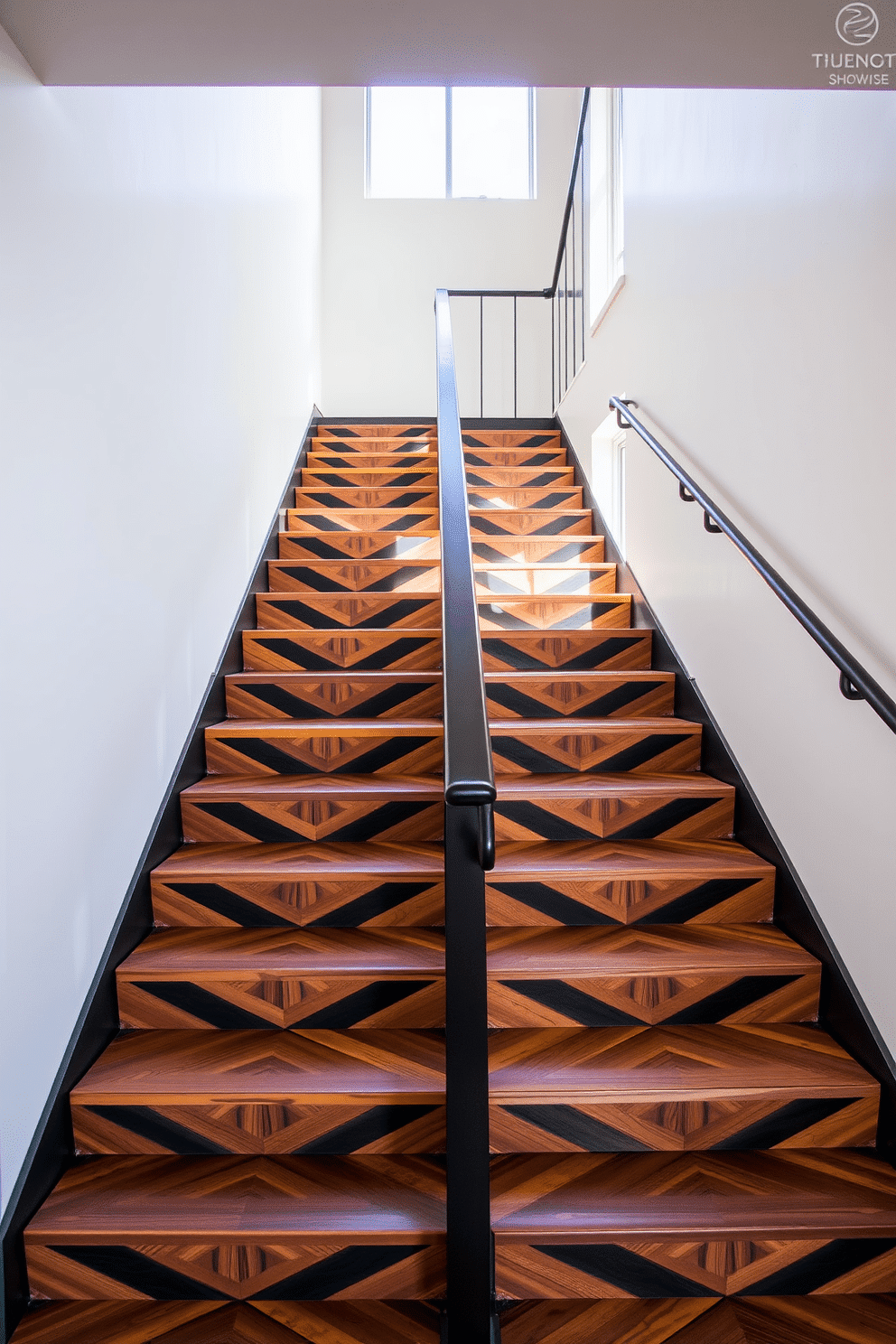 A striking geometric staircase features bold patterns that create a visual focal point in the home. The steps are crafted from a mix of wood and metal, showcasing alternating colors and intricate designs that lead to the second floor. The railing is a sleek, modern design, complementing the staircase's overall aesthetic. Natural light floods the area through a nearby window, highlighting the unique shapes and textures of the staircase.