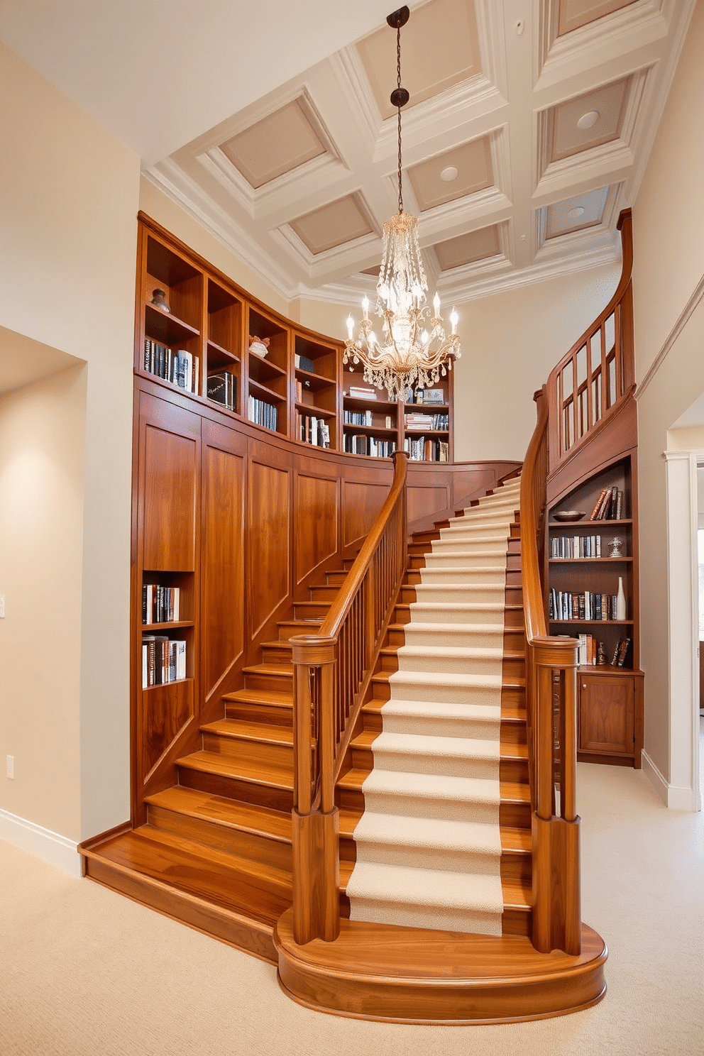 A grand staircase featuring built-in bookshelves that elegantly curve along the wall, showcasing a curated collection of books and decorative items. The bookshelves are crafted from rich mahogany wood, complementing the polished oak steps of the staircase. The staircase is illuminated by a stunning chandelier that hangs from a coffered ceiling above, casting a warm glow on the space. Soft, neutral-toned runner carpet lines the steps, adding comfort and a touch of sophistication to the design.