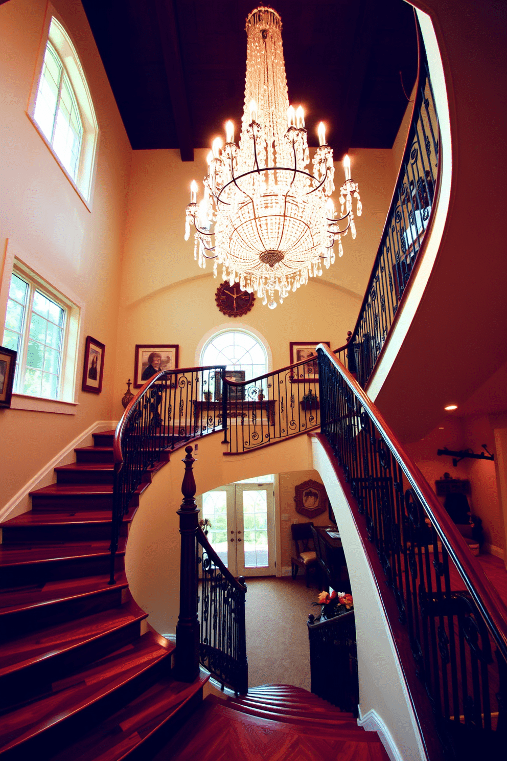 An elegant staircase winds gracefully upward, adorned with a stunning crystal chandelier that casts a warm glow over the space. The staircase features rich wooden steps and a polished banister, complemented by intricate wrought iron railings that add a touch of sophistication. The walls alongside the staircase are painted in a soft cream hue, enhancing the natural light that pours in from large windows. Decorative art pieces and family photos line the walls, creating an inviting atmosphere that welcomes guests as they ascend to the second floor.