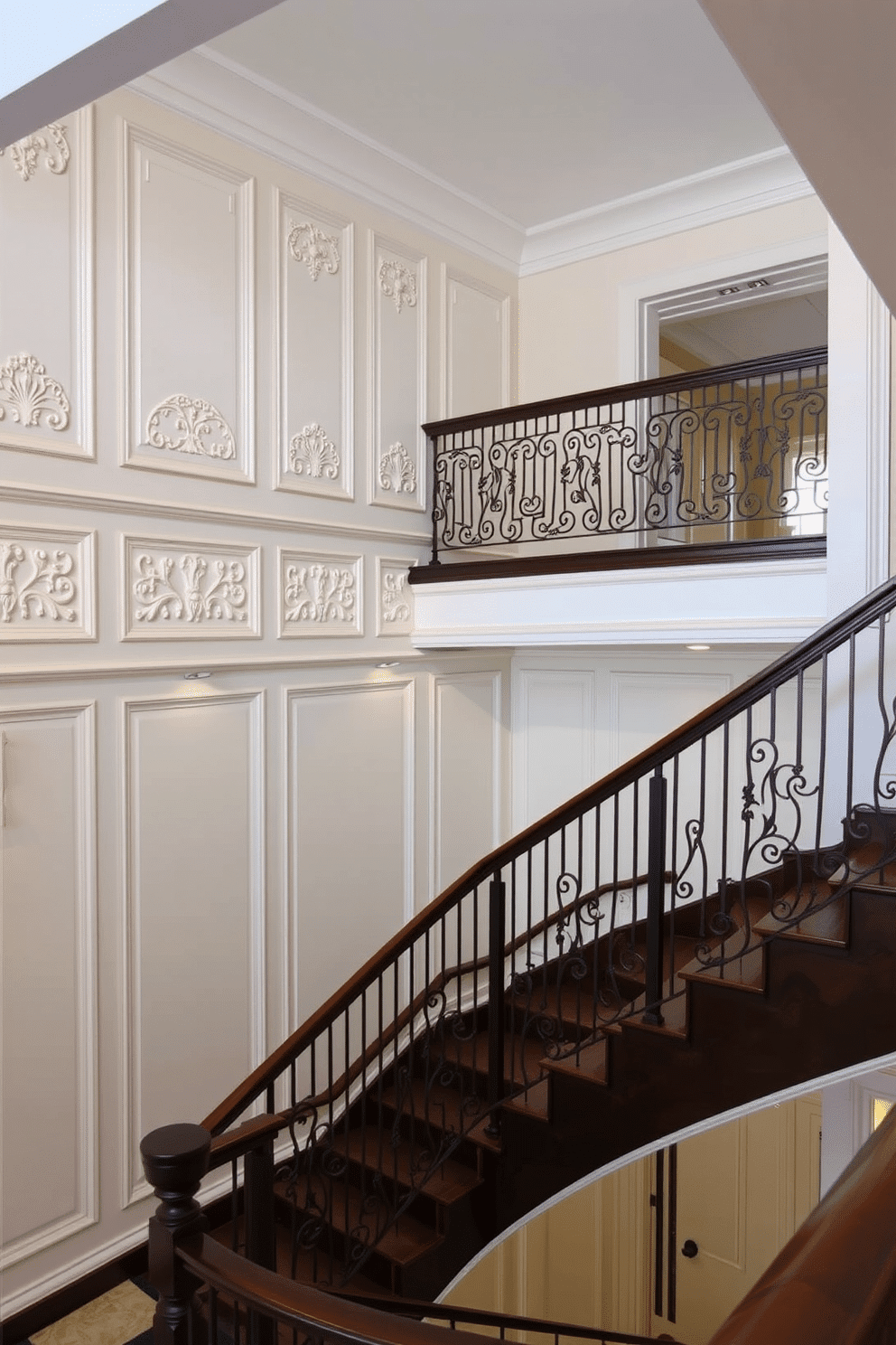 A grand staircase features intricate decorative wall paneling that enhances the elegance of the space. The paneling is painted in a soft cream color, contrasting beautifully with the rich dark wood of the staircase. The second floor showcases a stunning staircase design with a blend of modern and classic elements. Sleek metal railings complement the ornate wall paneling, creating a harmonious flow between the two levels.