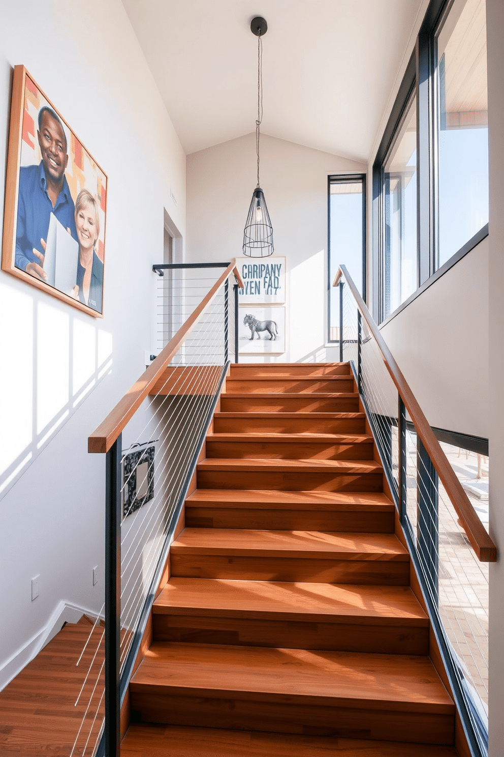 A contemporary staircase featuring sleek wooden steps and a minimalist design, complemented by a stylish cable railing that enhances the open feel of the space. The walls are adorned with modern artwork, and large windows allow natural light to flood the area, creating an inviting atmosphere. The staircase leads to the second floor, where the design continues with a seamless flow of materials and colors. A small landing area showcases a statement pendant light, adding a touch of elegance to the overall aesthetic.