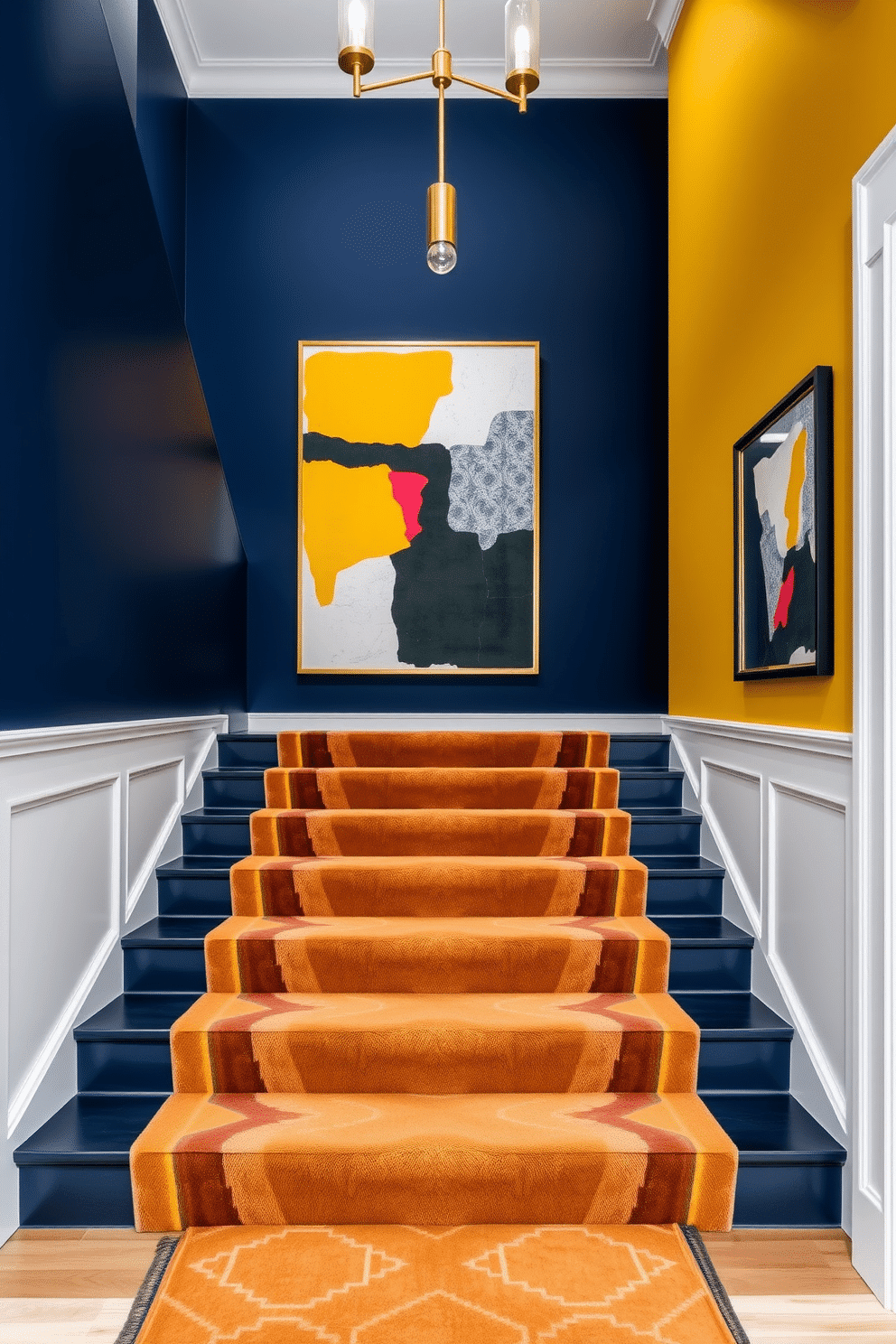 A striking staircase design featuring a bold color scheme that combines deep navy blue and vibrant mustard yellow. The stairs are adorned with a plush runner in a geometric pattern, while the walls are painted in a crisp white to enhance the dramatic effect. On the landing, a large piece of modern art in contrasting colors adds visual interest. Elegant lighting fixtures in gold hang above, casting a warm glow on the staircase and highlighting the unique color palette.