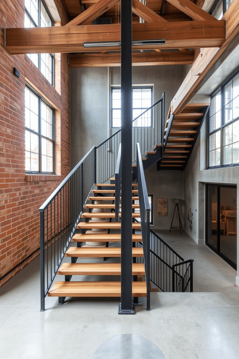 An industrial staircase with exposed beams features a bold metal railing that complements the raw wooden steps. The surrounding walls are adorned with a mix of textured brick and polished concrete, creating a striking contrast. For the second floor, the staircase design incorporates open risers to enhance the sense of space and light. Large windows flank the staircase, allowing natural light to flood the area and highlight the unique materials used in the construction.