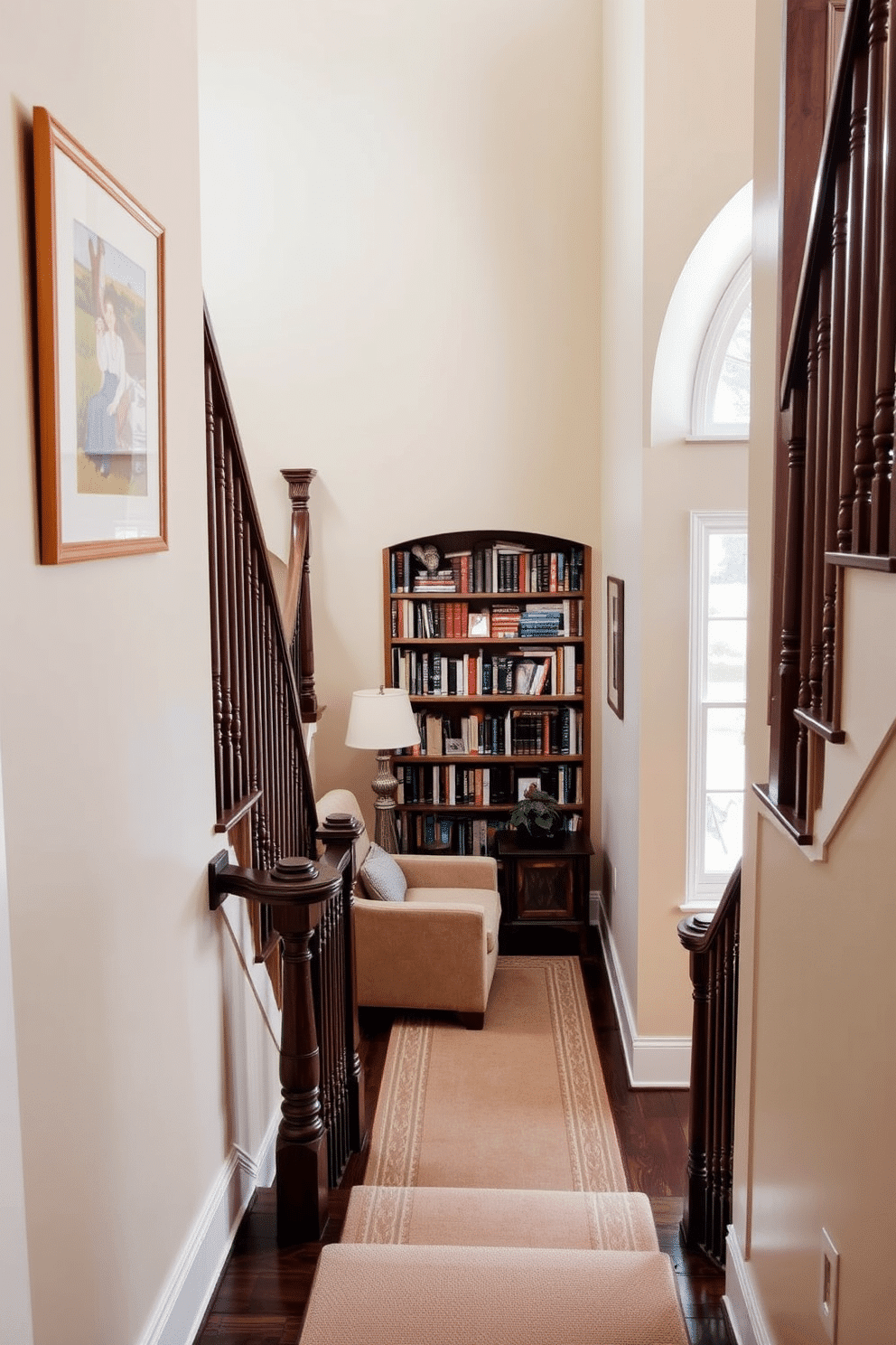 A beautifully designed staircase features a cozy reading nook at its landing. The nook includes a plush armchair, a small side table, and a built-in bookshelf filled with an array of books, bathed in natural light from a nearby window. The staircase itself is adorned with elegant wooden railings and a soft runner that adds warmth. The walls are painted in a soft beige, complemented by framed artwork that enhances the inviting atmosphere of the space.