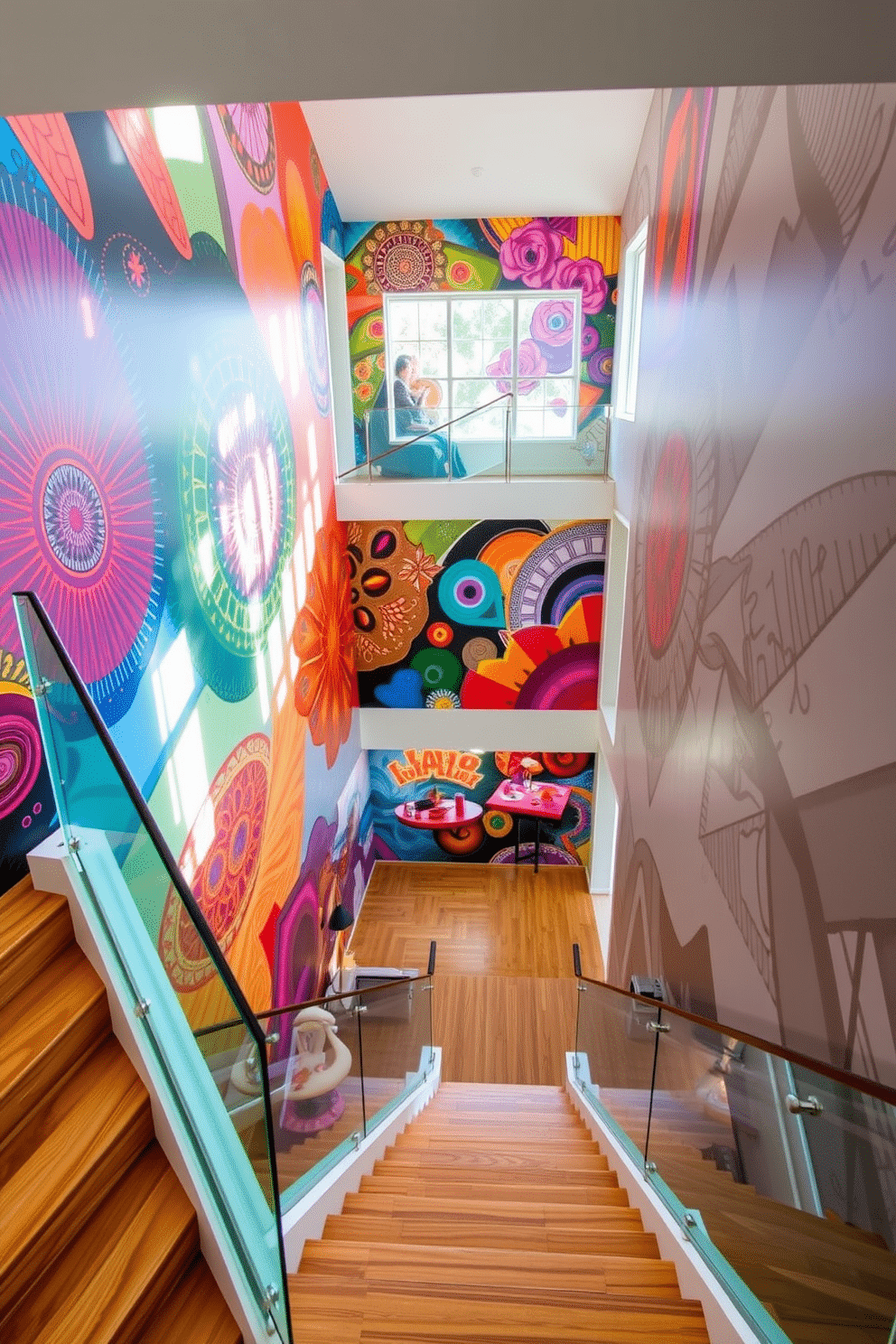 A stunning staircase features artistic wall murals that blend vibrant colors and intricate designs, creating a captivating focal point as you ascend. The staircase is framed by a sleek glass railing that complements the modern aesthetic, while warm wood steps add a touch of elegance to the overall design. On the second floor, the staircase opens to a spacious landing adorned with additional mural art that continues the theme from below. Natural light floods the area through large windows, enhancing the beauty of the artwork and creating a welcoming atmosphere.