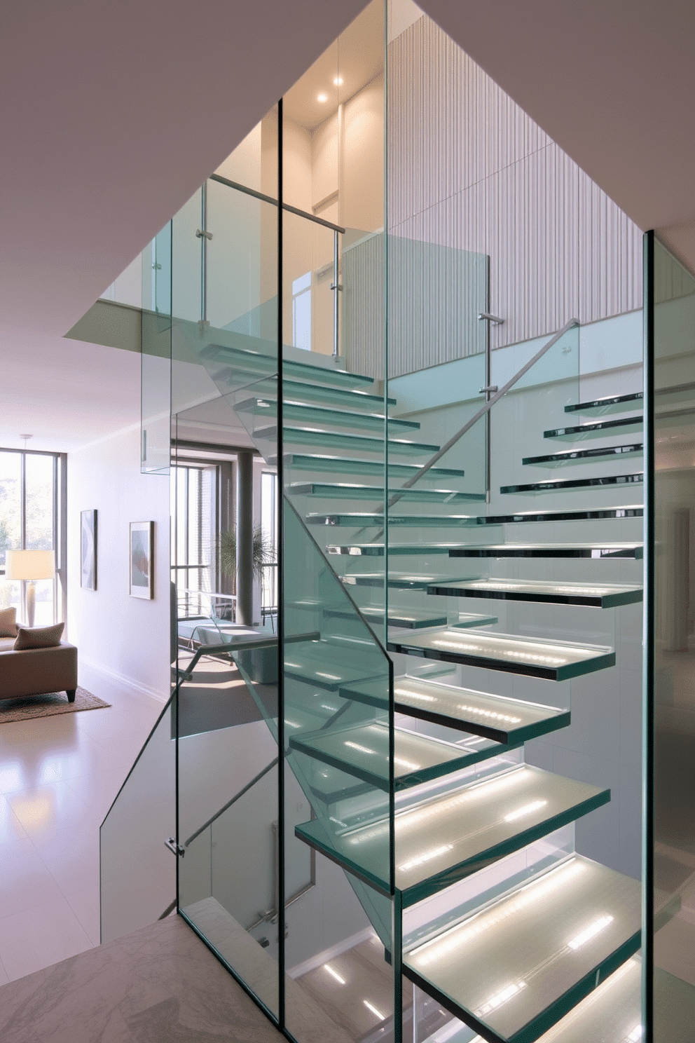 A stunning glass staircase that enhances the open space feel of the area. The staircase features sleek, transparent panels and minimalist metal railings, allowing light to flow freely through the design. The second floor staircase design incorporates elegant floating steps that create a sense of airiness. Soft LED lighting is integrated into the steps, illuminating the path and highlighting the contemporary aesthetic.