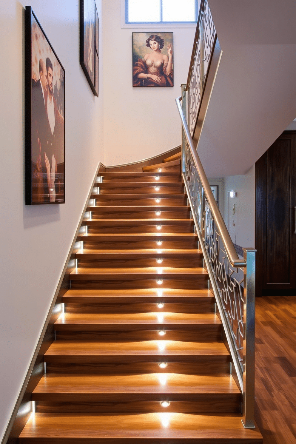 A stunning staircase features a unique handrail design, crafted from brushed steel with intricate geometric patterns that catch the light. The treads are a rich walnut wood, contrasting beautifully with the sleek metal, while the surrounding walls are adorned with elegant artwork that enhances the overall aesthetic. The second floor staircase design incorporates a floating effect, with each step appearing to hover above the ground. Soft LED lighting is integrated beneath the treads, casting a warm glow that guides the way and highlights the contemporary style of the space.