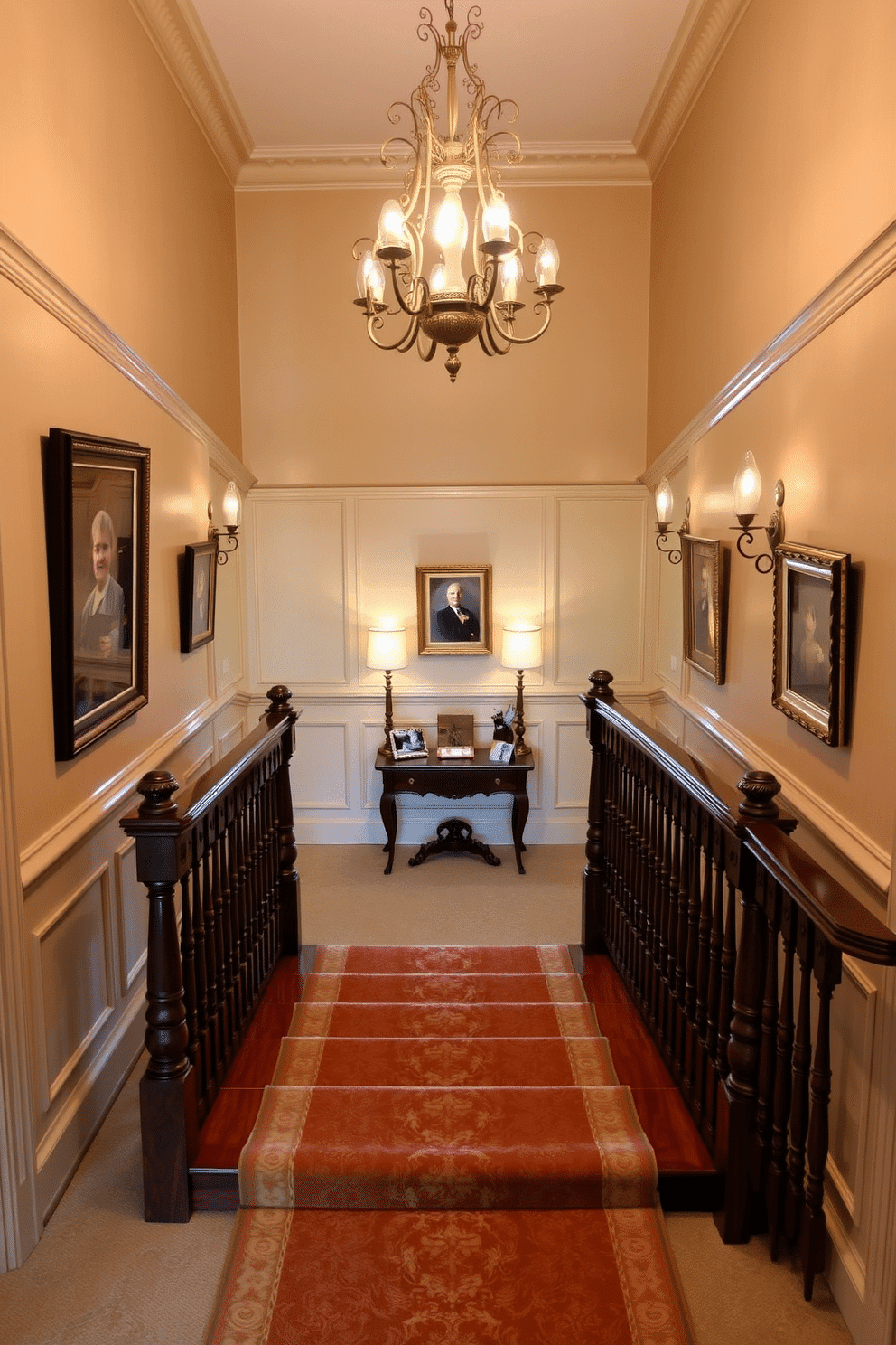 A traditional staircase with a plush carpet runner, featuring polished wooden steps and intricately carved banisters. The walls are adorned with classic wainscoting, and a vintage chandelier hangs from the ceiling, casting a warm glow over the space. The staircase is flanked by elegant wall sconces that enhance the ambiance, while family portraits in ornate frames line the walls. At the landing, a small console table displays decorative items, adding a personal touch to this inviting area.