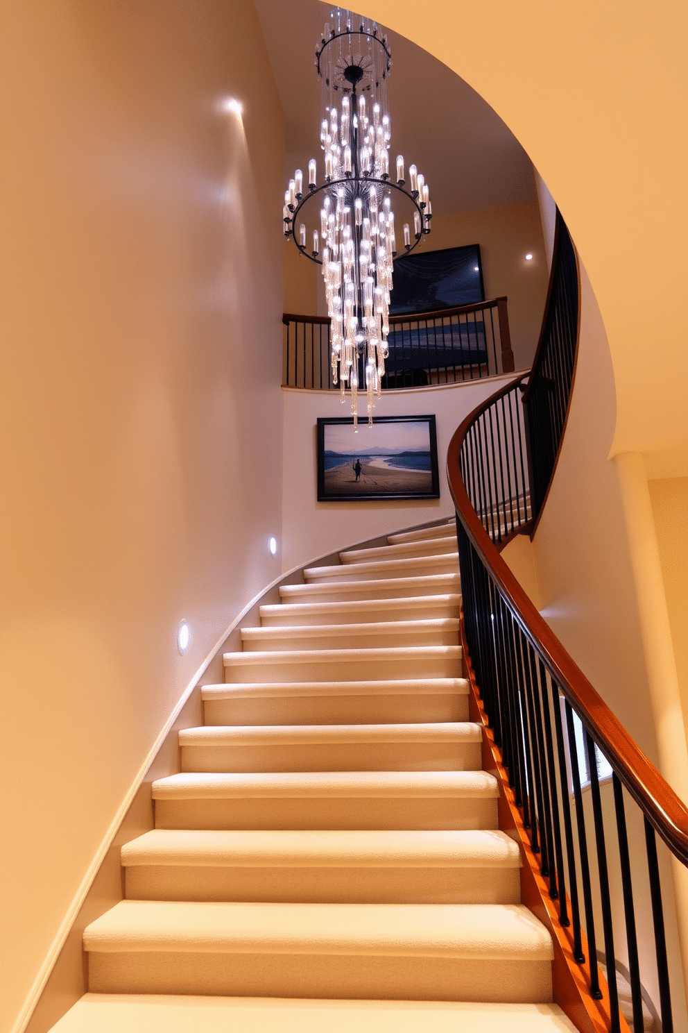 A grand staircase with integrated lighting features elegantly curves upwards, showcasing a sleek wooden banister. The steps are adorned with soft, neutral carpeting that complements the surrounding walls, which are painted in a warm cream hue. On the wall adjacent to the staircase, recessed LED lights illuminate the space, creating a dramatic effect as they highlight the artwork displayed. The second floor landing features a stunning chandelier that cascades down, adding a touch of luxury to the overall design.