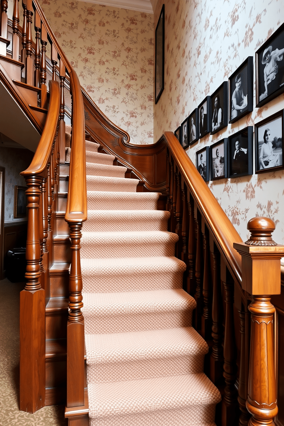 A grand staircase with a vintage aesthetic, featuring intricately carved wooden balusters and a polished oak handrail. The steps are covered in a plush, patterned runner that adds warmth and elegance to the space. The walls alongside the staircase are adorned with vintage wallpaper, showcasing a delicate floral pattern in soft pastel colors. A series of framed black-and-white photographs line the wall, creating a gallery effect that enhances the nostalgic ambiance.