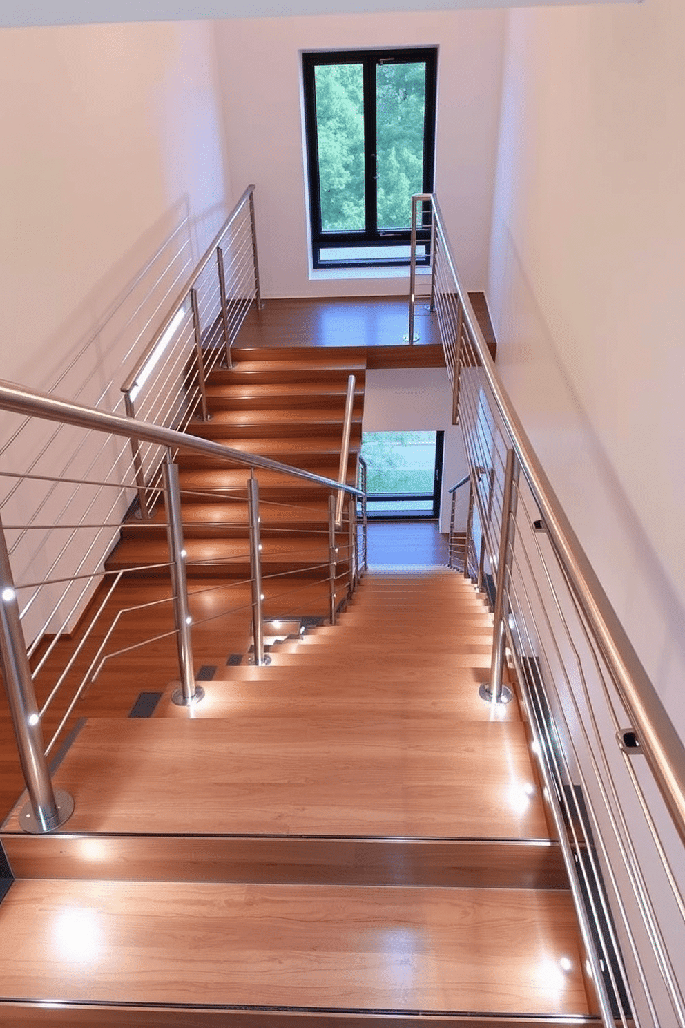 A sleek staircase features elegant stainless steel finishes, with a minimalist design that emphasizes clean lines and modern aesthetics. The treads are made of polished wood, contrasting beautifully with the shiny metal railings that guide the ascent to the second floor. The staircase is illuminated by strategically placed LED lights that highlight its architectural features and create a warm ambiance. At the landing, a large window allows natural light to flood the space, enhancing the contemporary feel of the design.