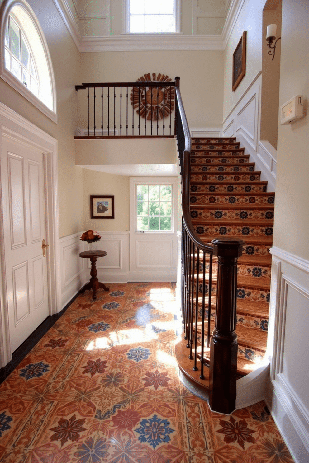 A stunning staircase featuring intricate patterned tile flooring that adds a vibrant touch to the space. The walls are adorned with elegant wainscoting, and a sleek handrail curves gracefully alongside the stairs. Natural light floods the area from a large window at the landing, illuminating the unique tile designs. Decorative wall art enhances the visual appeal, creating a captivating transition to the second floor.