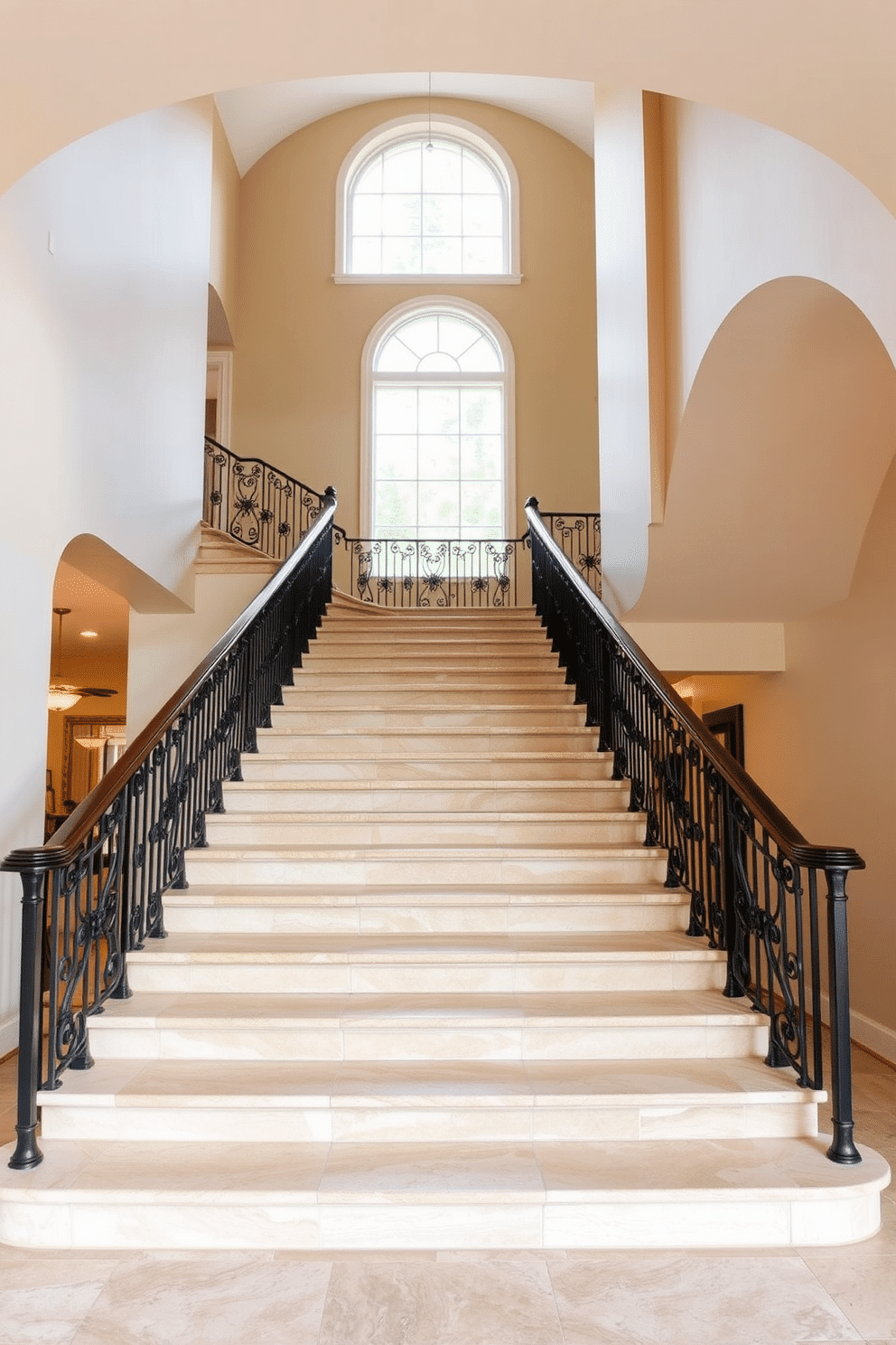 A grand staircase featuring natural stone steps, showcasing a seamless blend of elegance and durability. The walls are adorned with soft, neutral tones, complemented by warm lighting that highlights the texture of the stone. At the landing, a large window allows natural light to flood the space, illuminating the intricate details of the staircase design. A stylish railing made of wrought iron adds a touch of sophistication, creating a striking visual contrast against the stone.