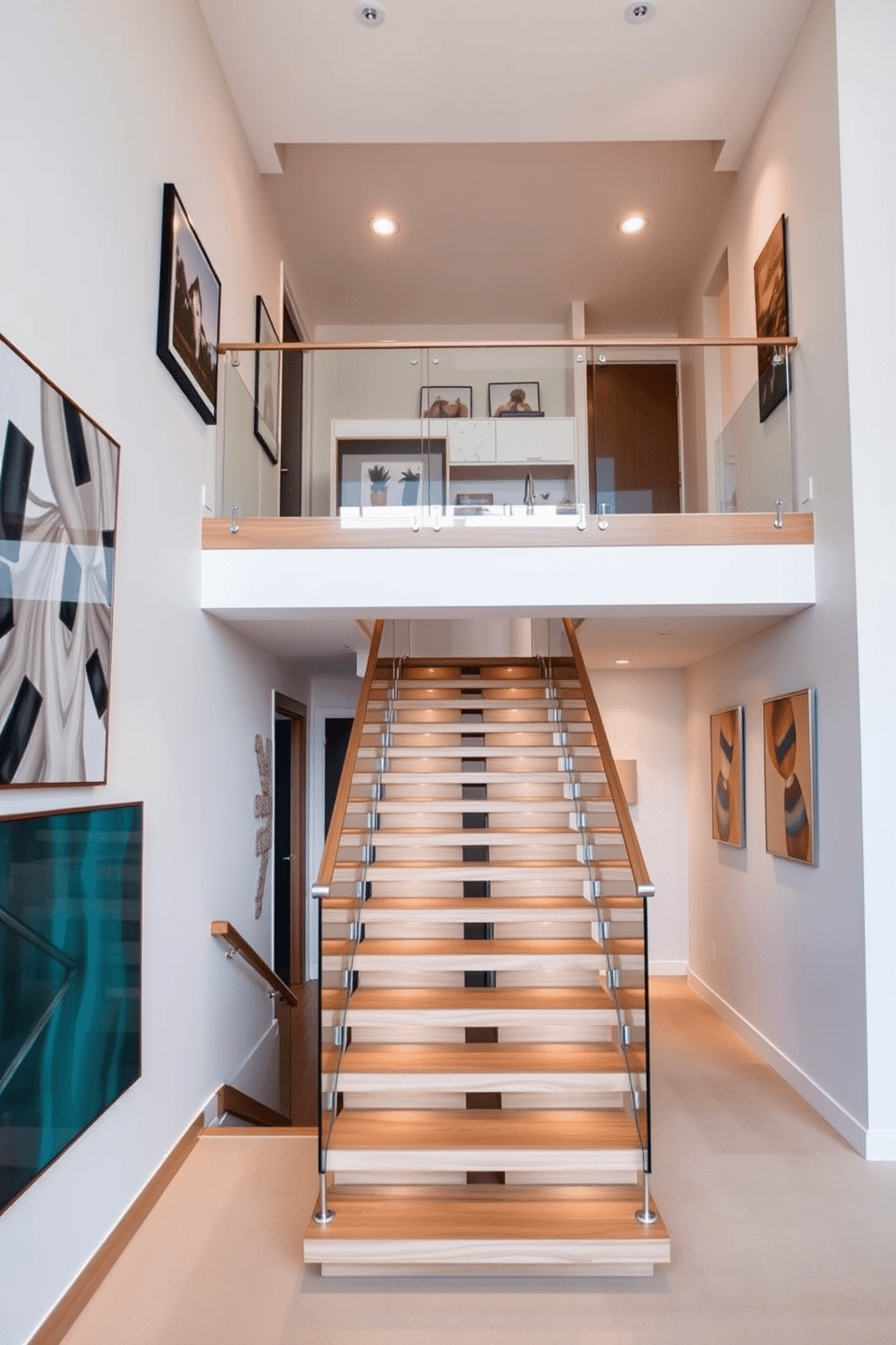 A stunning split-level staircase that seamlessly connects the two floors of a modern home. The staircase features a combination of sleek wooden steps and glass railings, allowing for an open and airy feel. The walls surrounding the staircase are adorned with contemporary artwork, enhancing the visual interest of the space. Soft, recessed lighting highlights the staircase, creating a warm and inviting atmosphere as it leads to the second floor.