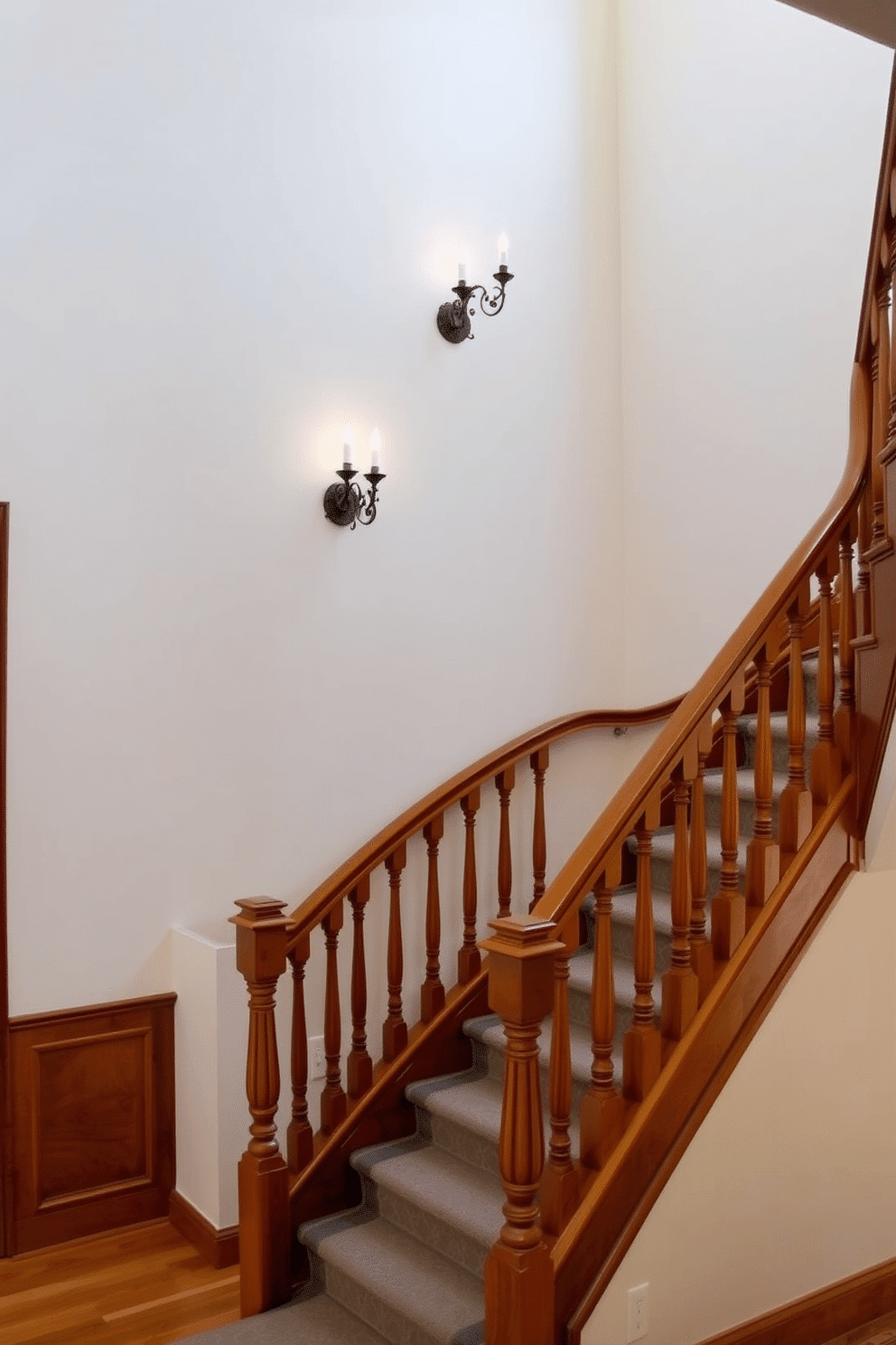 A grand staircase features elegant decorative wall sconces that illuminate the space with a warm glow. The walls are adorned with a soft, neutral paint color, complementing the rich wood tones of the staircase. The staircase itself is crafted from polished oak, showcasing intricate balusters and a sweeping handrail. A plush runner in a subtle geometric pattern adds comfort and style, leading the eye upward to the second floor.