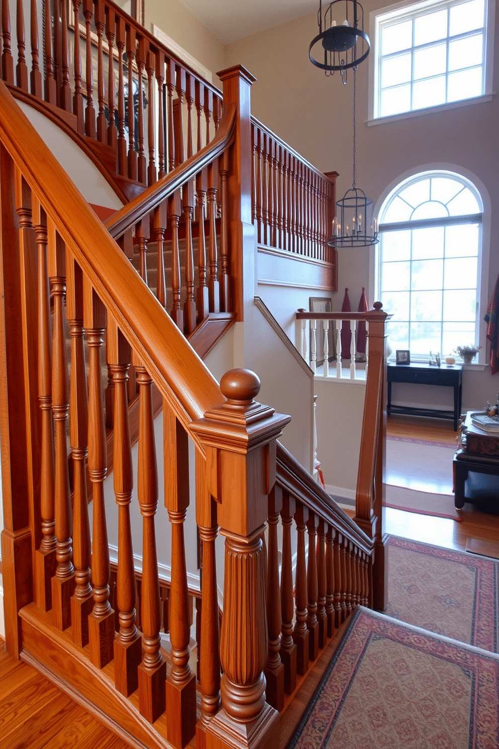 A traditional wooden staircase features intricately carved balusters and a polished handrail, creating an elegant focal point in the entryway. The warm tones of the wood complement the surrounding decor, while a plush runner adds a touch of comfort and sophistication. On the second floor, the staircase design incorporates a spacious landing adorned with decorative accents and natural light filtering through large windows. The combination of classic design elements and modern finishes ensures a timeless yet functional space.