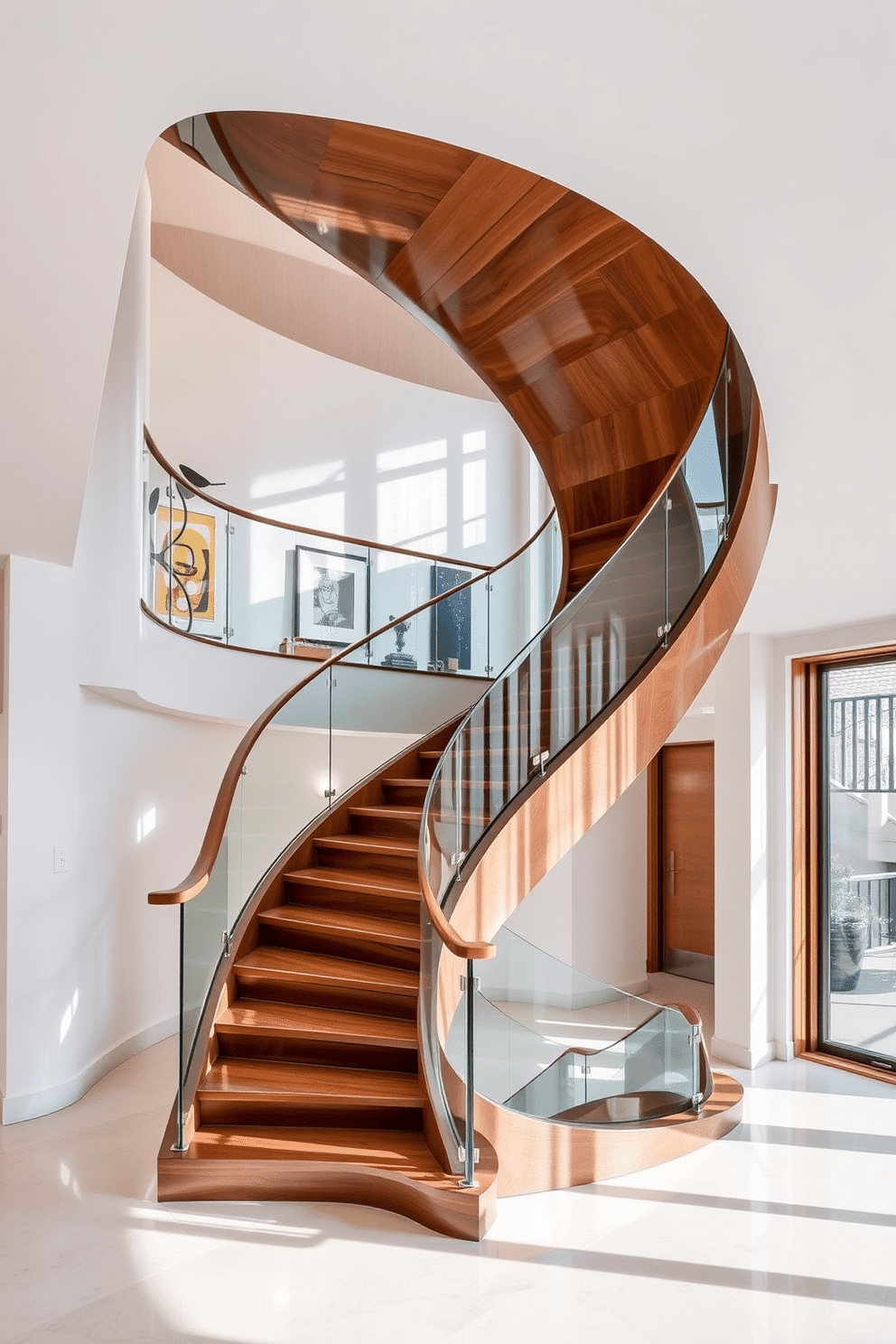 An artistic staircase with sculptural elements features a sweeping design that combines fluid lines and geometric shapes. The staircase is crafted from a mix of polished wood and glass, allowing natural light to filter through and create a stunning visual effect. On the second floor, the staircase opens up to a spacious landing adorned with contemporary artwork and a stylish railing that complements the overall aesthetic. Soft, ambient lighting highlights the unique features of the staircase, making it a focal point of the home.