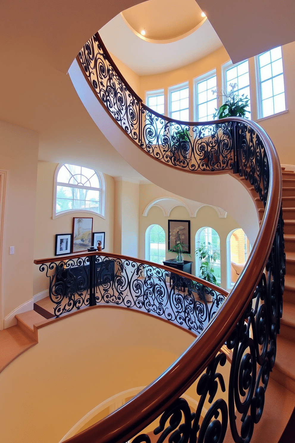 A stunning curved staircase gracefully winds upward, featuring elegant wrought iron details that add a touch of sophistication. The staircase is complemented by a polished wooden handrail, and soft lighting illuminates the space, enhancing its architectural beauty. On the second floor, the staircase opens up to a spacious landing adorned with artwork and decorative plants. Large windows allow natural light to flood the area, creating a warm and inviting atmosphere.