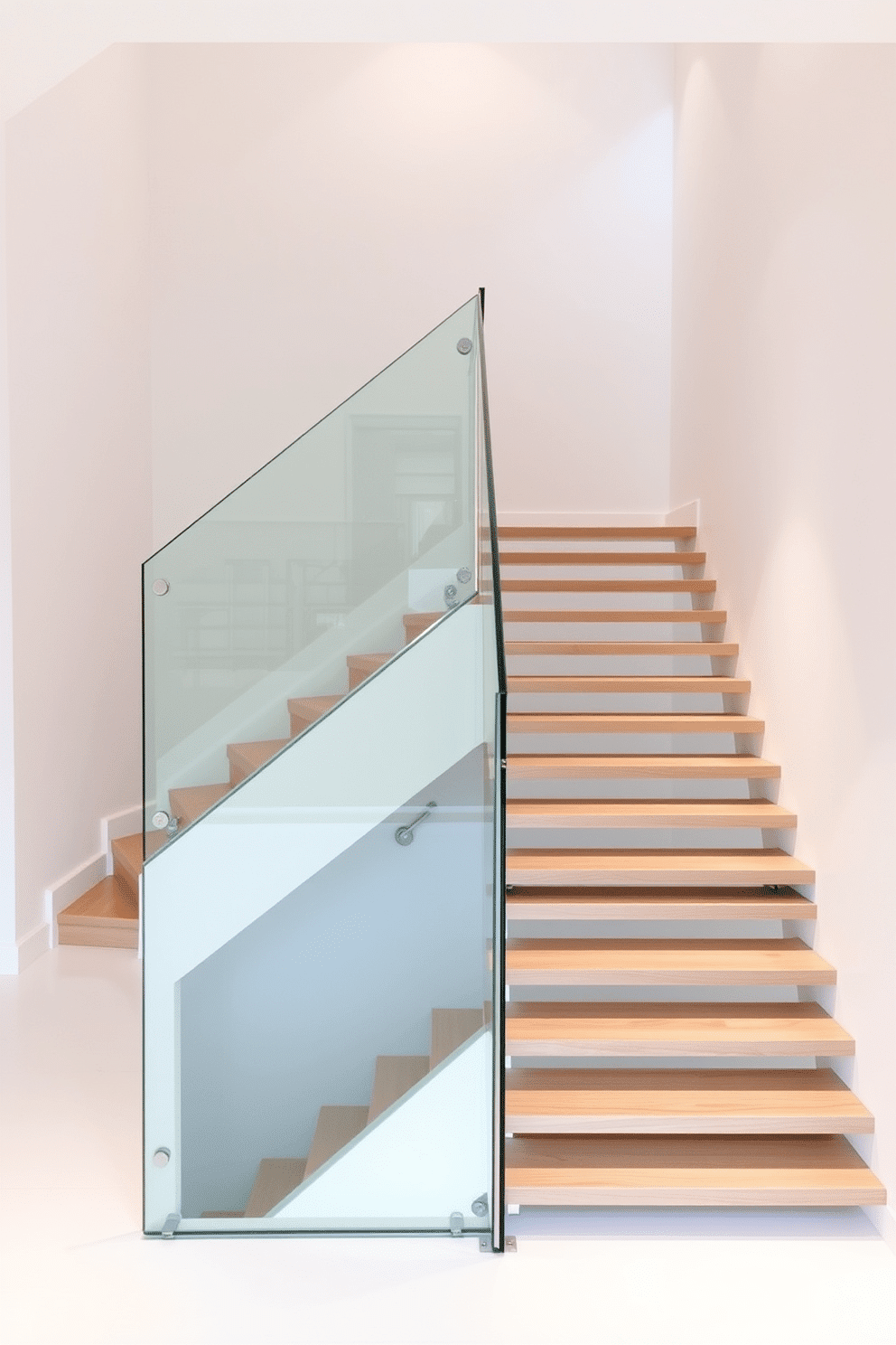 A minimalist staircase with open risers features sleek, wooden steps that create a sense of airiness and modernity. The handrail is made of transparent glass, allowing light to flow freely through the space while maintaining safety and style. The staircase is illuminated by strategically placed recessed lighting that highlights the clean lines and simplicity of the design. A neutral color palette of whites and light grays enhances the minimalist aesthetic, making the staircase a stunning focal point in the home.