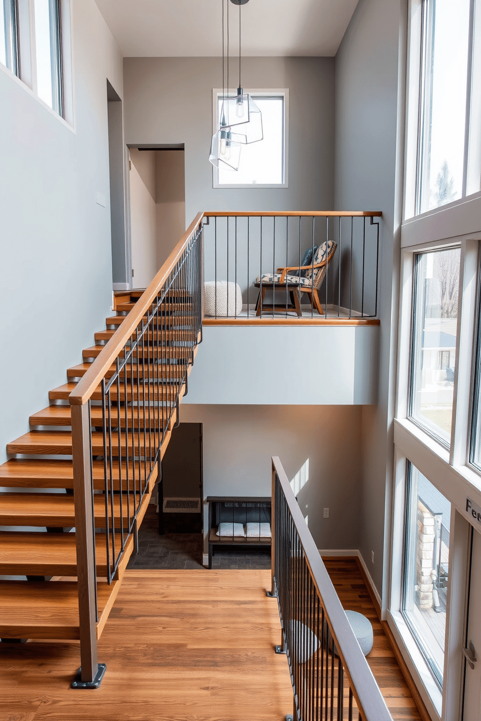 A modern staircase with sleek metal accents features a floating wooden staircase that seamlessly blends with the contemporary design. The railing is composed of minimalist metal bars that enhance the open feel, while large windows allow natural light to flood the space. On the second floor, the staircase is complemented by a chic landing area adorned with a stylish pendant light and a small seating nook. The walls are painted in a soft gray, creating a tranquil atmosphere that invites relaxation and conversation.