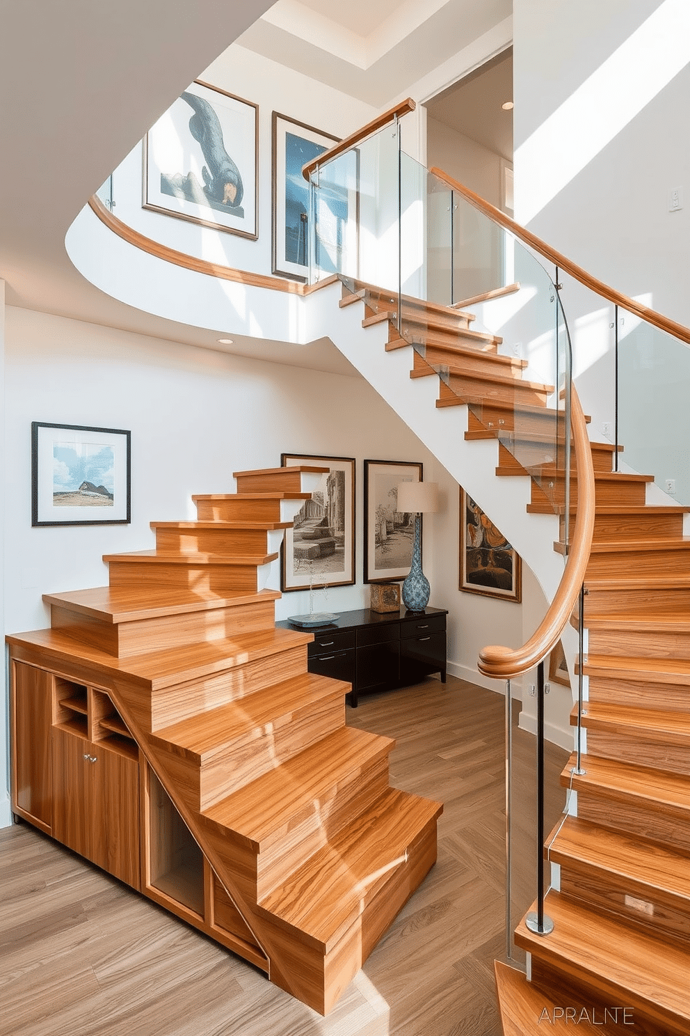 A stunning U-shaped staircase features elegant wooden steps with a polished finish, seamlessly connecting the first and second floors. Beneath the staircase, custom storage solutions are integrated, including stylish cabinets that complement the overall aesthetic of the space. On the second floor, the staircase design incorporates a sleek glass railing, allowing natural light to flow through and enhance the open feel. The walls are adorned with tasteful artwork, creating a gallery-like atmosphere that invites exploration and appreciation of the design.